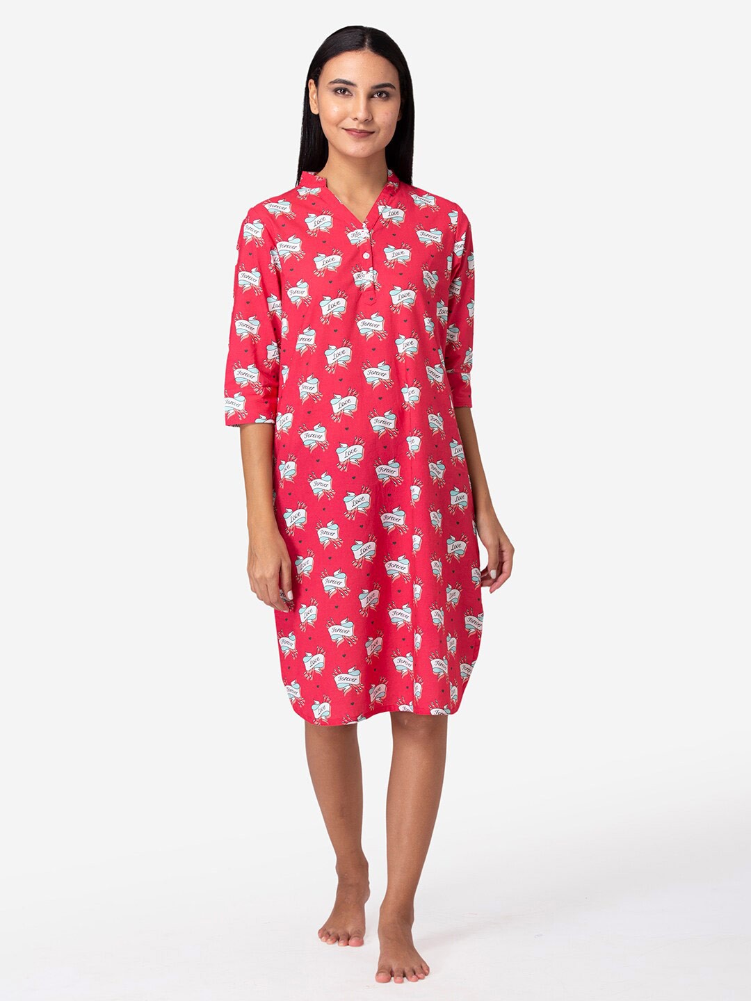 

Fluffalump Pink & White Printed Pure Cotton Nightdress