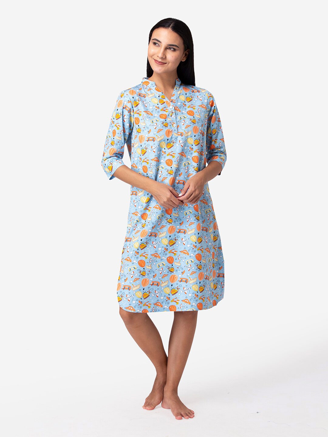 

Fluffalump Women Blue Quirky Printed Pure Cotton Sleep Shirt Dress