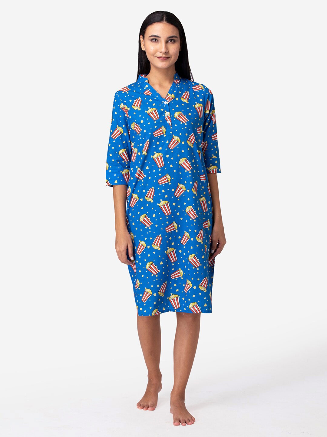 

Fluffalump Blue & Yellow Printed Pure Cotton Nightdress