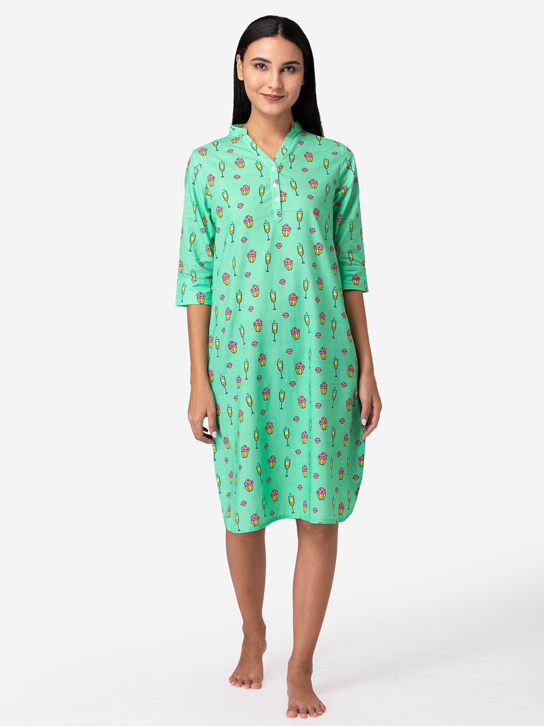 

Fluffalump Women Green & Pink Quirky Printed Pure Cotton Sleep Shirt Dress