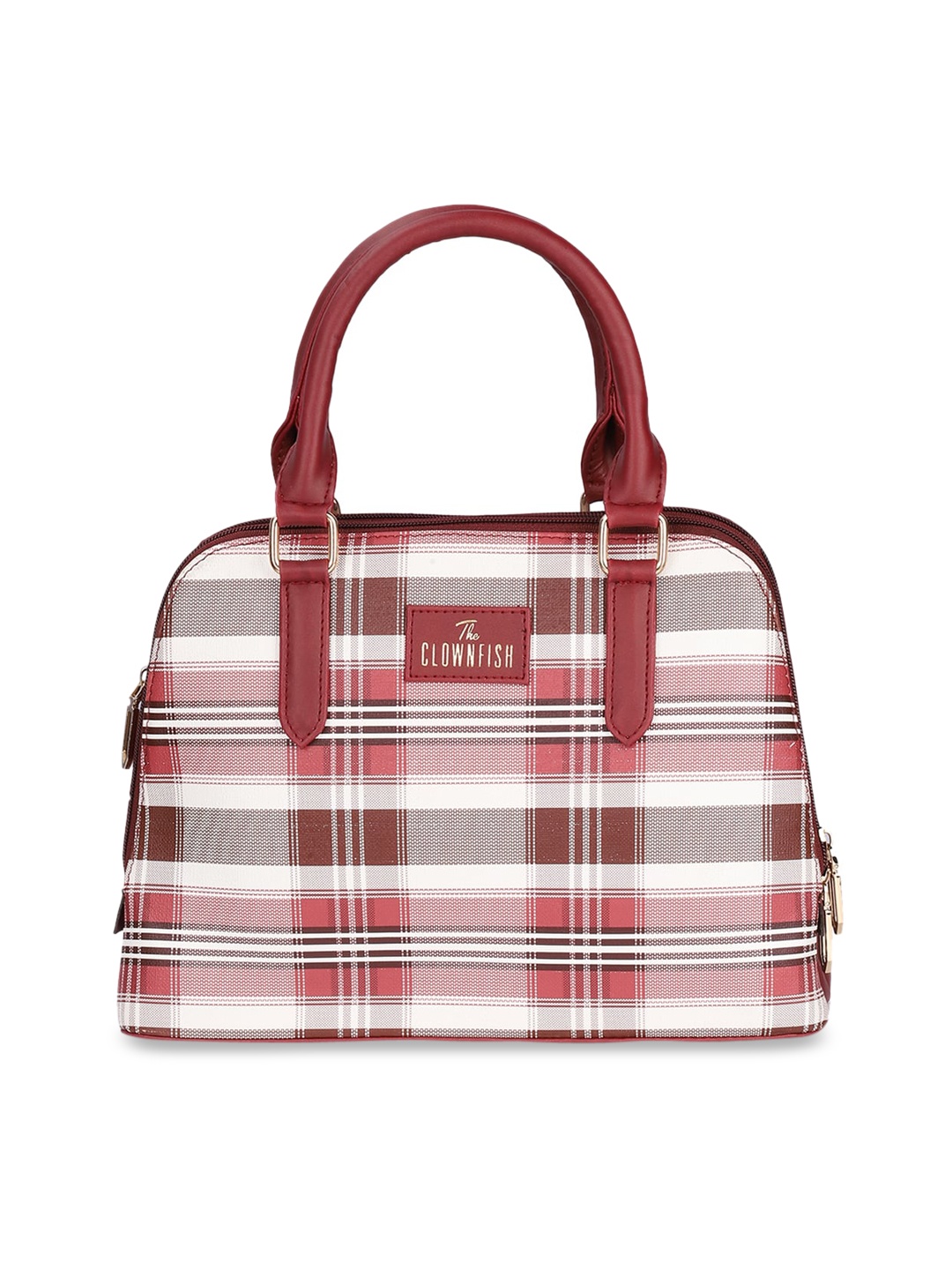 

THE CLOWNFISH Maroon Checked Leather Structured Handheld Bag