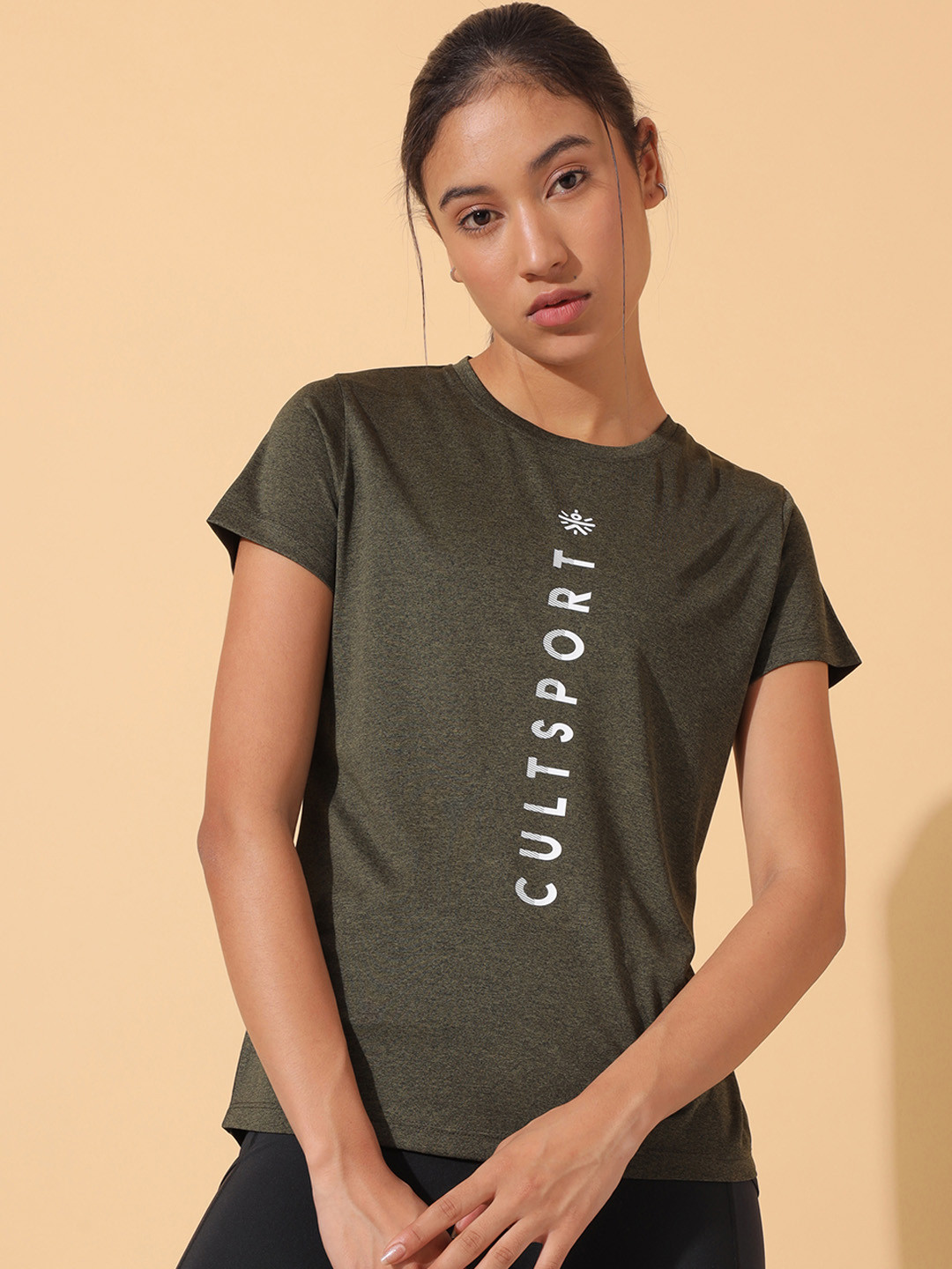 

Cultsport Women Olive Green Brand Logo Printed Running T-shirt
