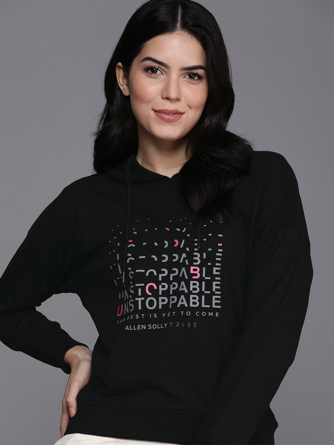 

Allen Solly Woman Pure Cotton Printed Hooded Sweatshirt, Black
