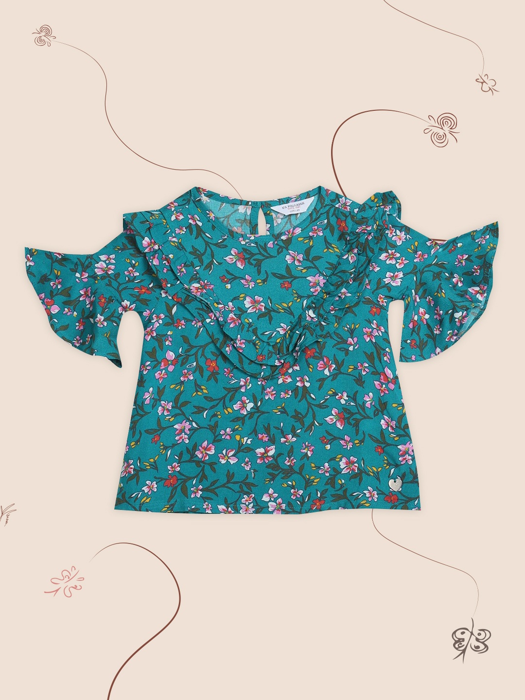 

U.S. Polo Assn. Kids Teal & Multicoloured Floral Ruffles A-Line Top