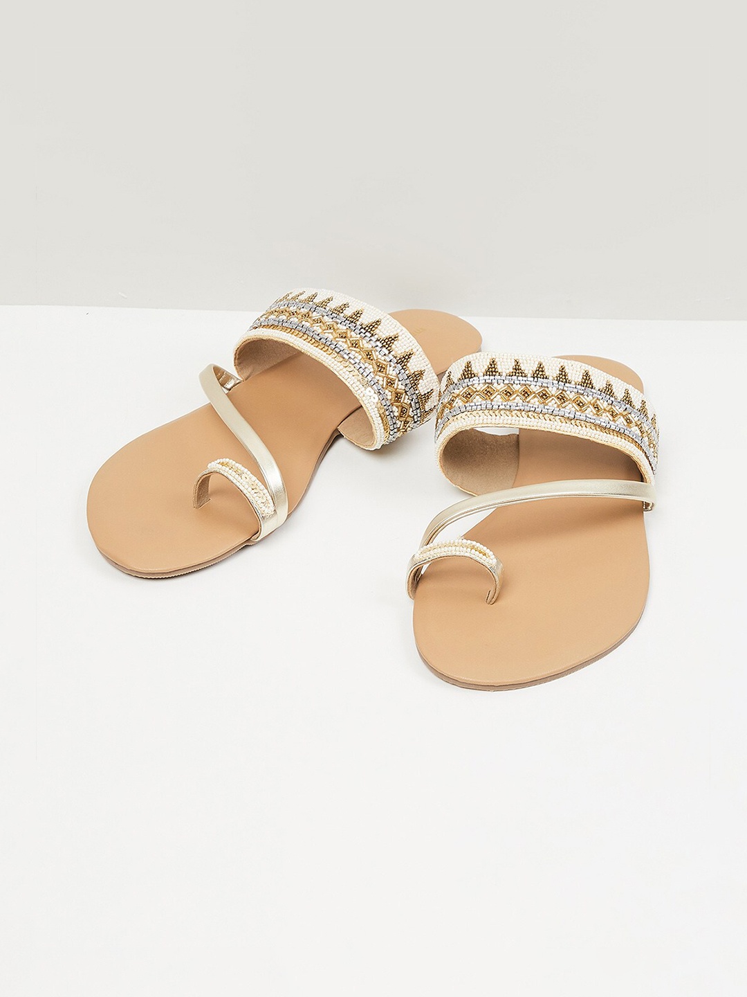 

max Women Beige T-Strap Flats