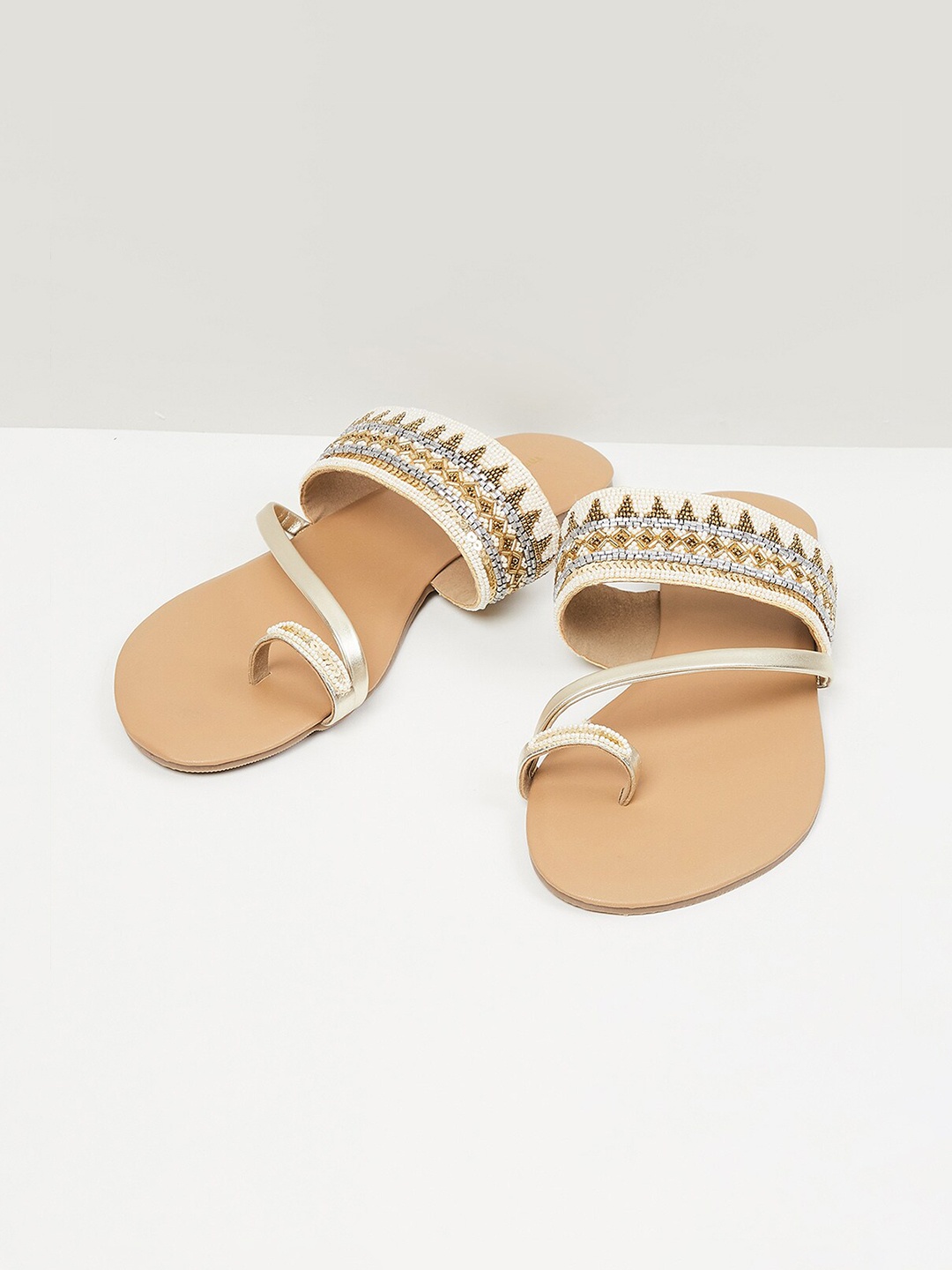 

max Beige & Gold-Toned Embellished One Toe Flats