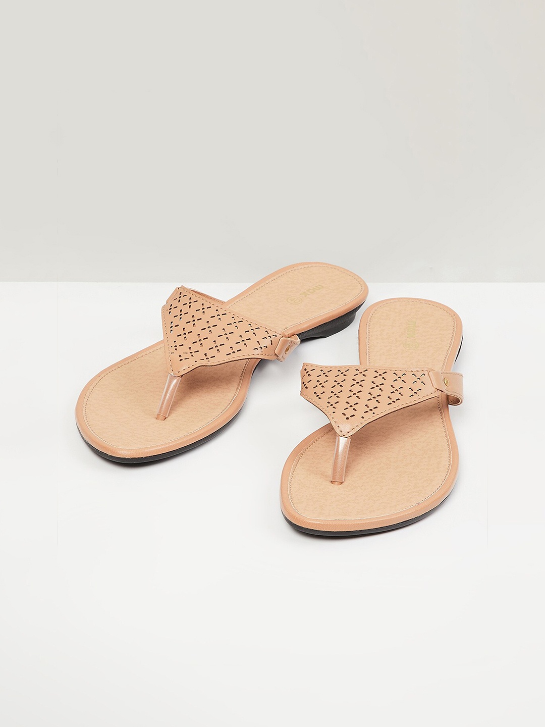 

max Women Beige Embellished T-Strap Flats with Laser Cuts