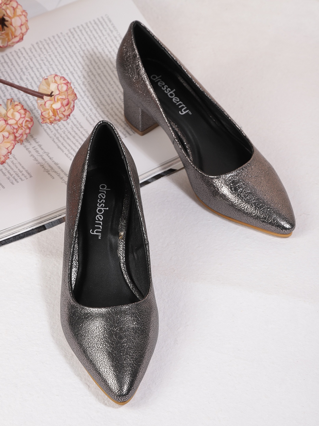 

DressBerry Gunmetal-Toned Shimmer Block Pumps, Metallic