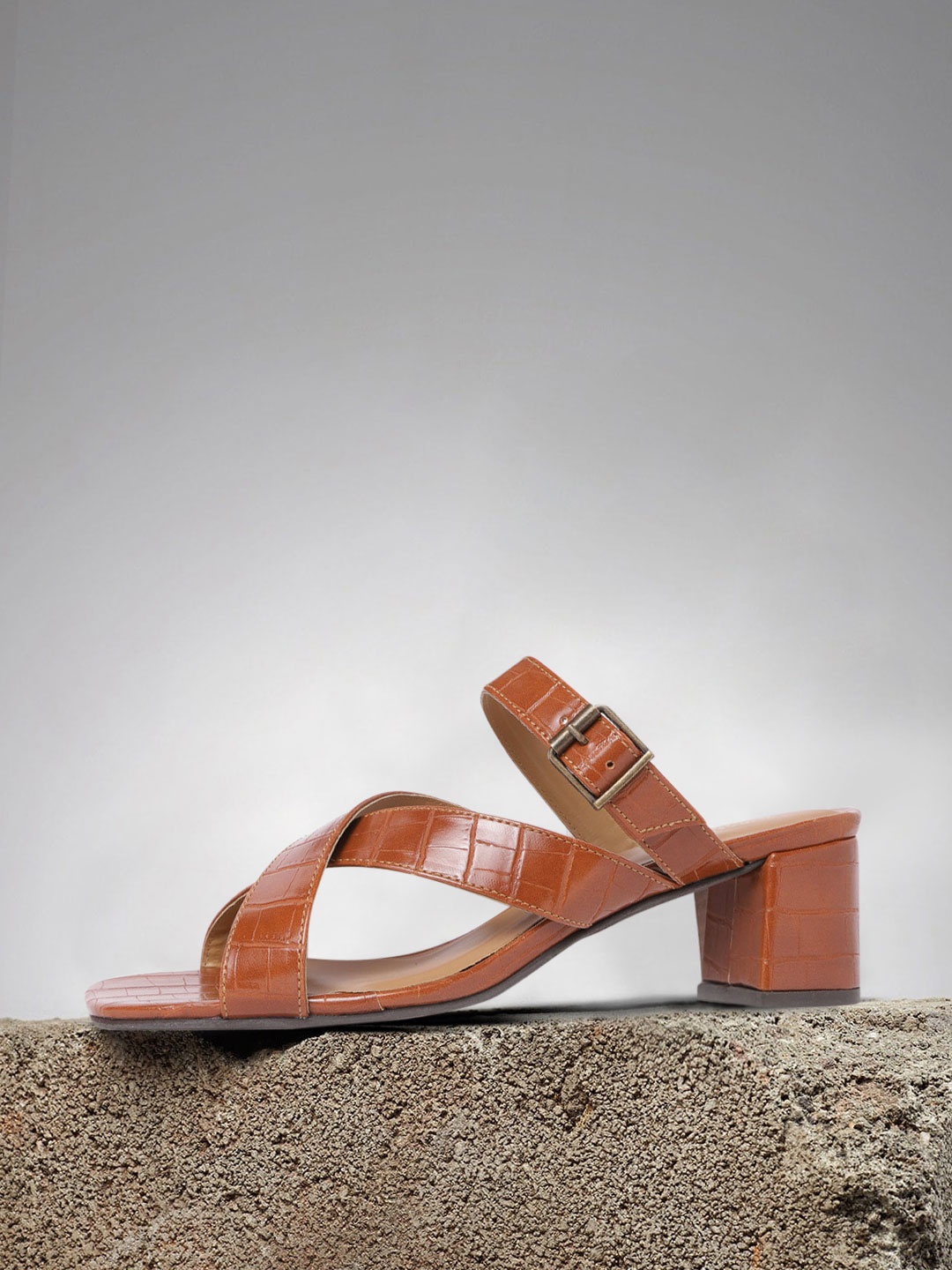 

The Roadster Lifestyle Co Women Tan Brown Croc Textured Block Heels with Buckle Detail