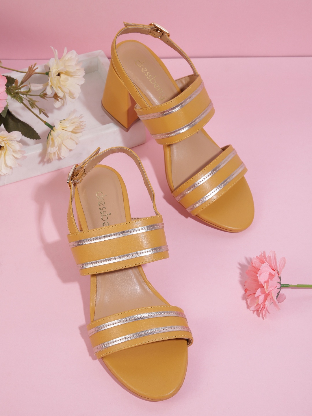 

DressBerry Mustard Yellow & Rose Gold-Toned Striped Block Heels