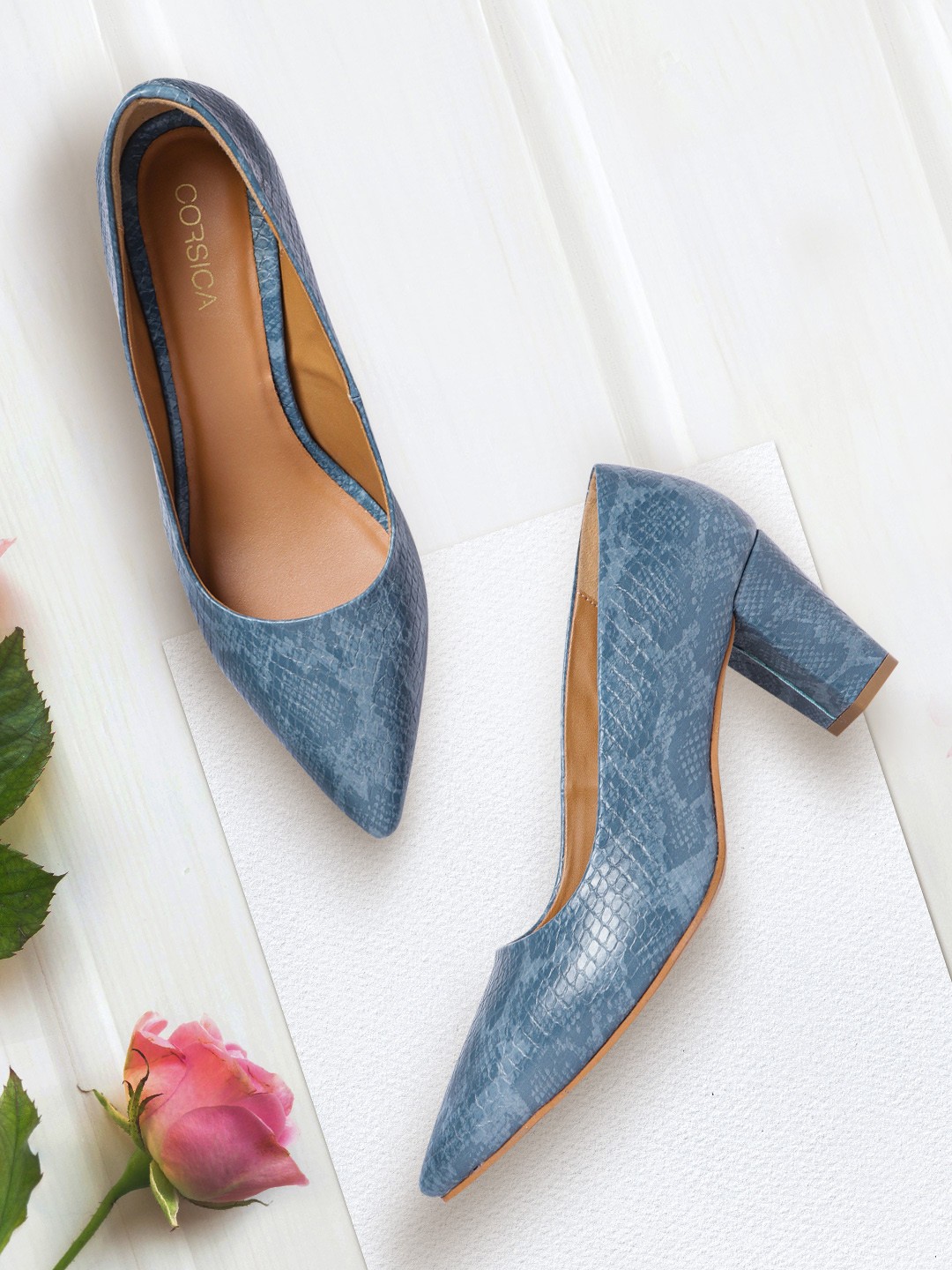 

CORSICA Blue Snakeskin Textured Block Pumps