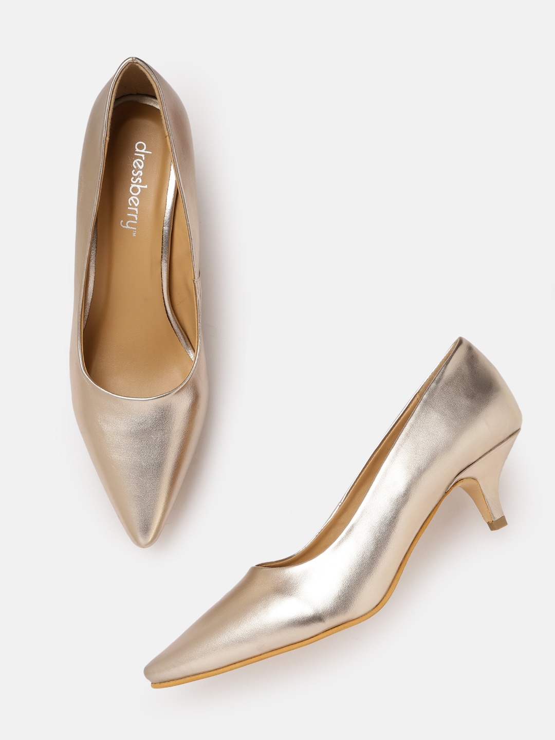 

DressBerry Women Gold-Toned Pointed Toe Kitten Heel Pumps