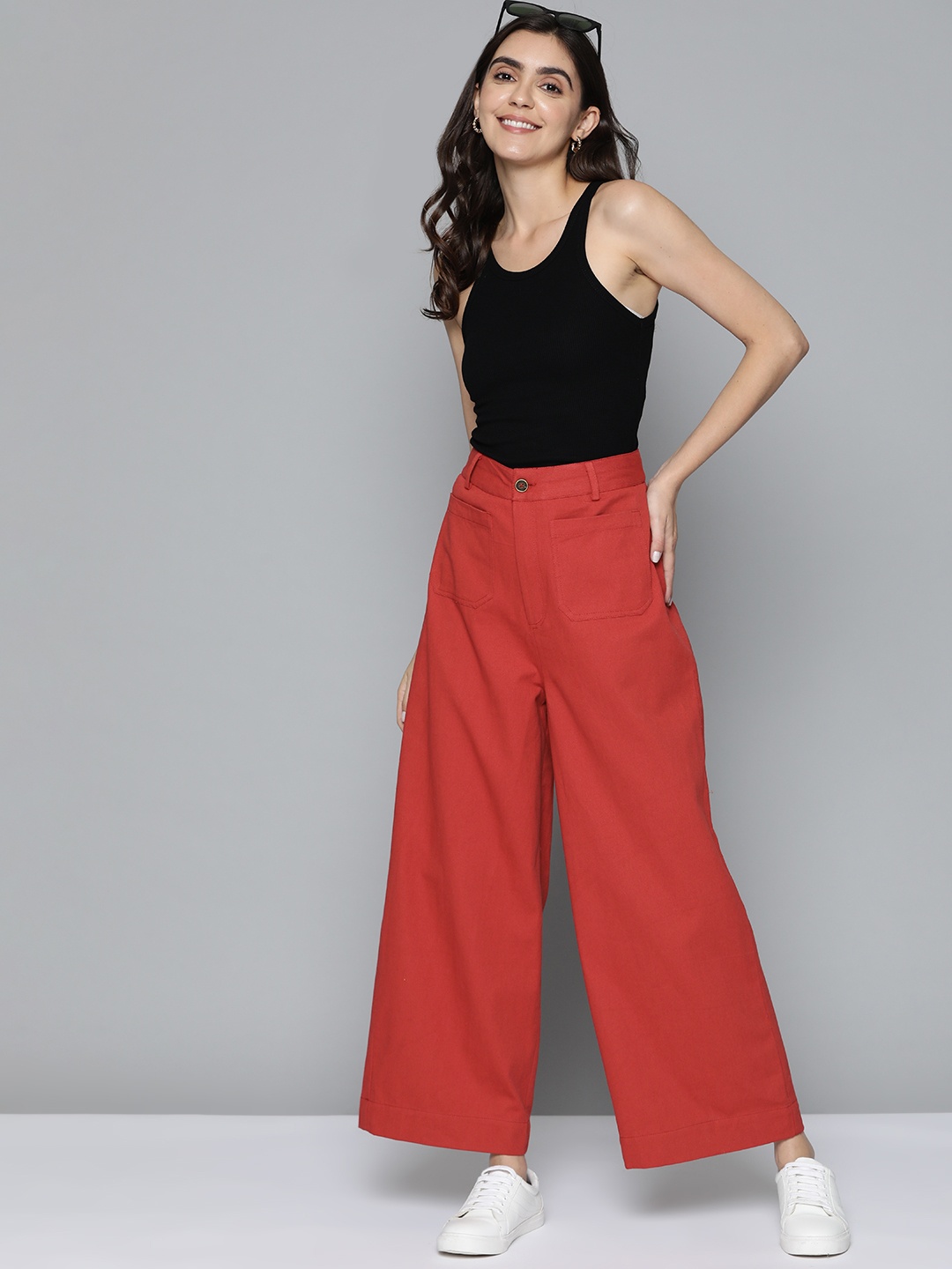

Mast & Harbour Women Rust Red Solid Pure Cotton Trousers