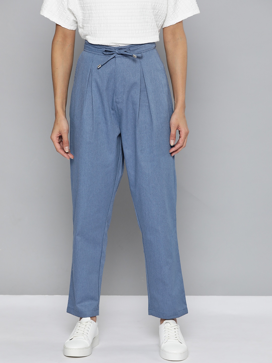 

Mast & Harbour Women Blue High-Rise Pleated Trousers