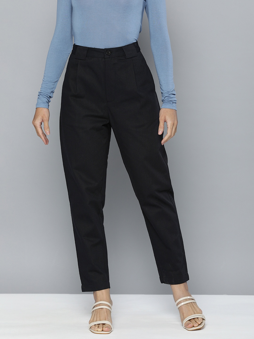 

Mast & Harbour Women Black Solid Pleated Chinos Trousers