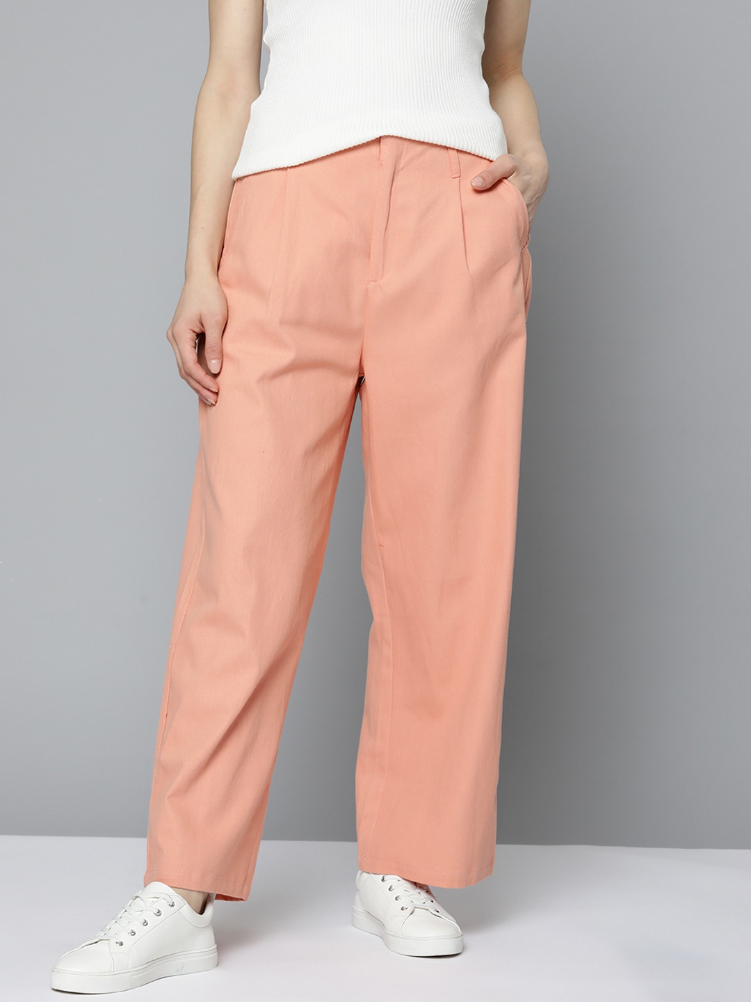 

Mast & Harbour Women Peach-Coloured Pure Cotton Solid Trousers