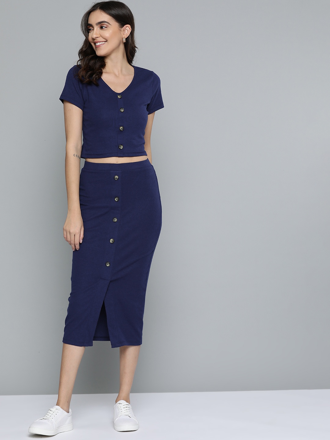 

Mast & Harbour Women Navy Blue Ribbed Top & Skirt Co-Ord Set