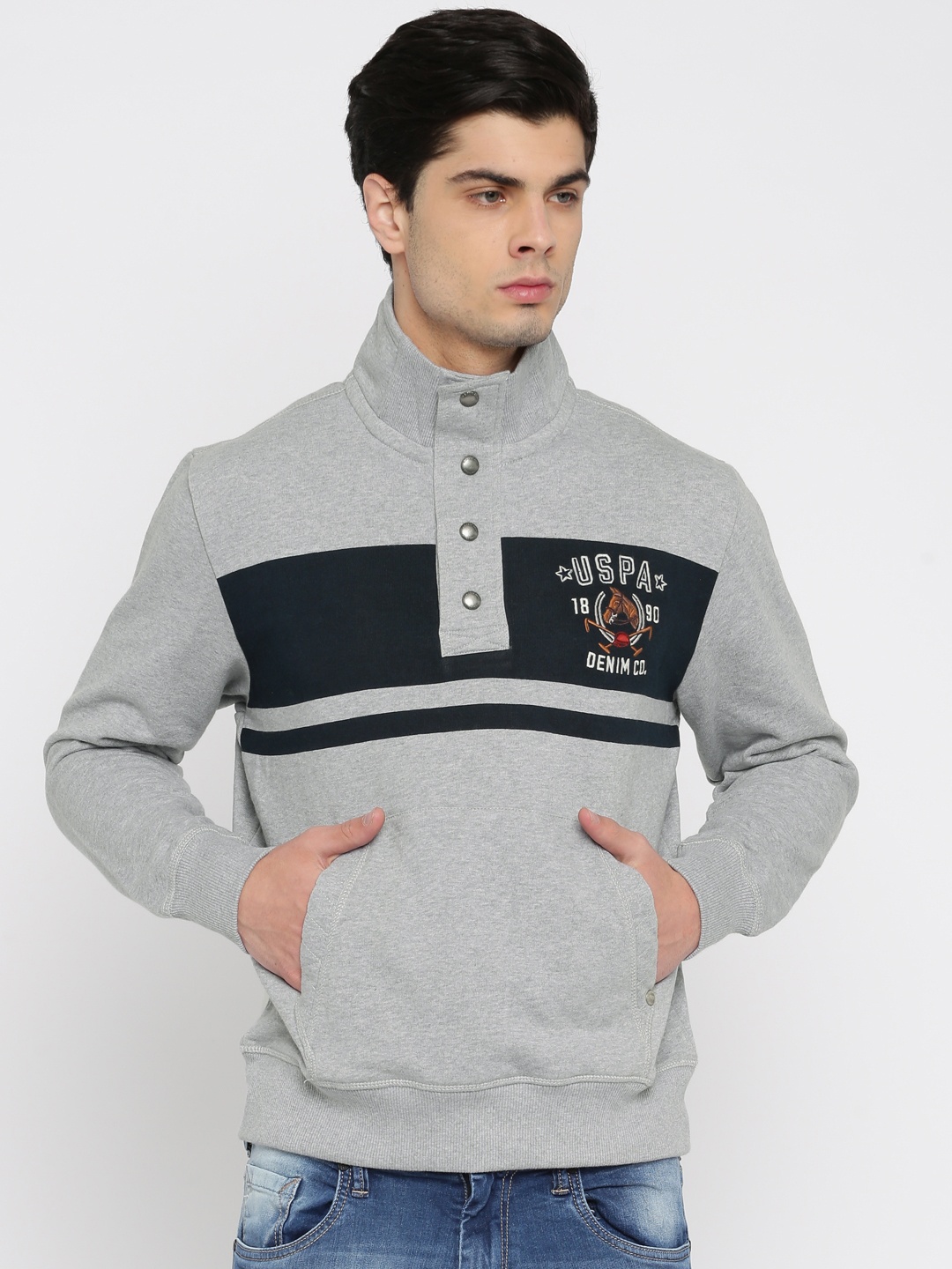 

U.S. Polo Assn. Denim Co. Men Grey & Black Solid Sweatshirt