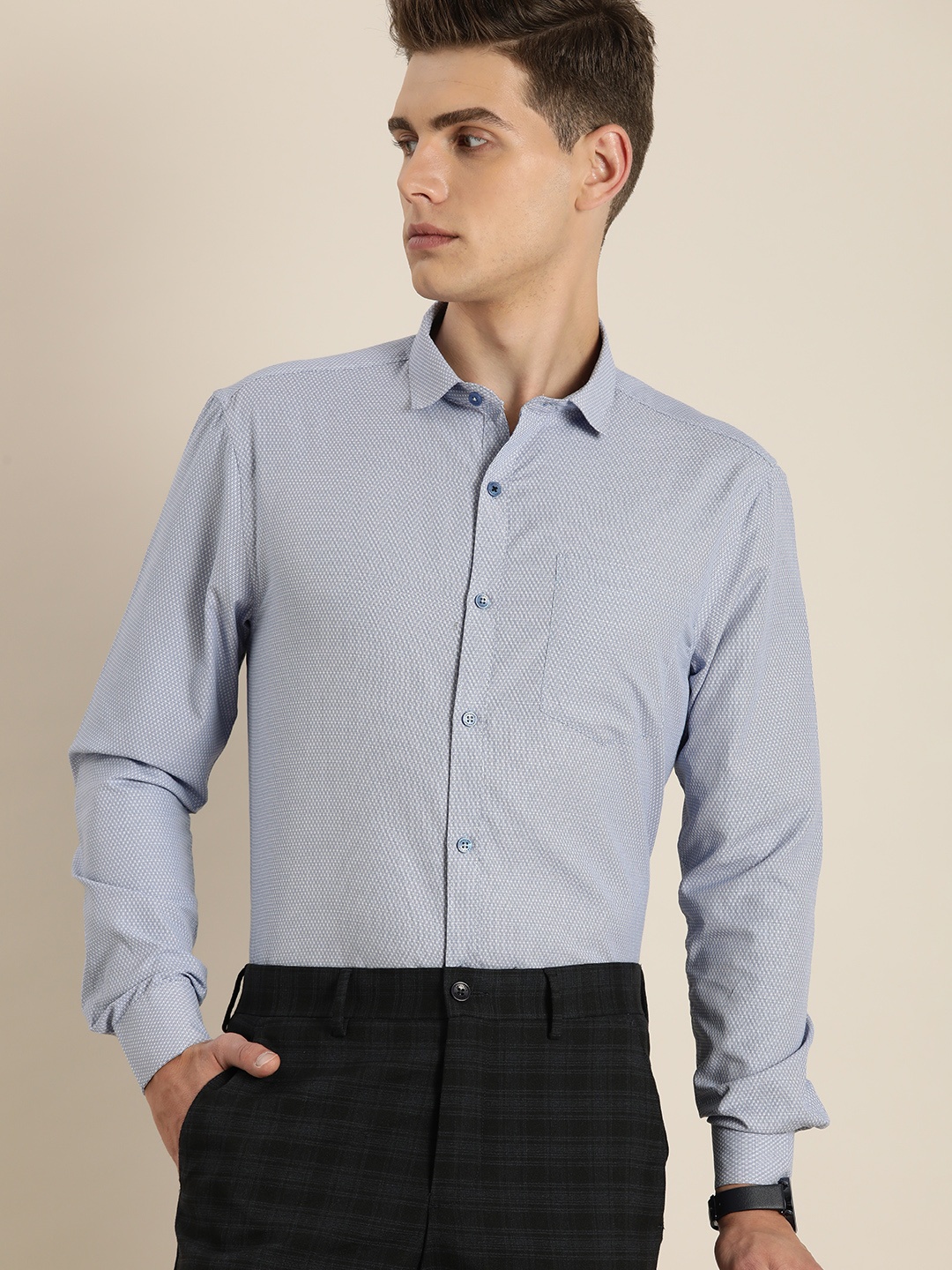 

INVICTUS Men Blue Estilo Slim Fit Textured Opaque Self Design Formal Shirt with Pocket