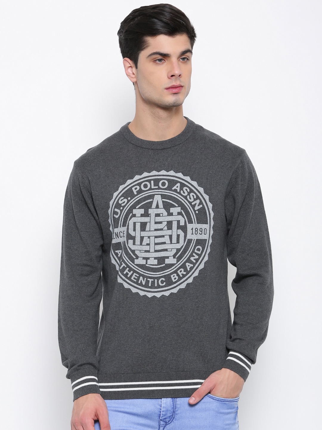 

U.S. Polo Assn. Men Charcoal Grey Printed Pullover