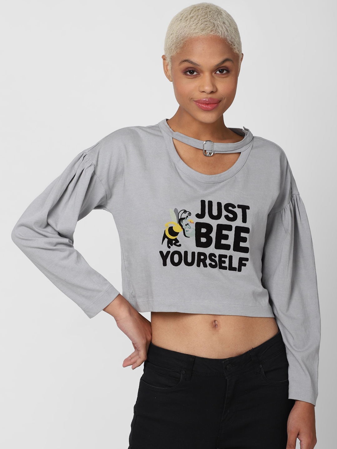 

FOREVER 21 Pure Cotton Printed Crop Sweatshirt, Grey melange