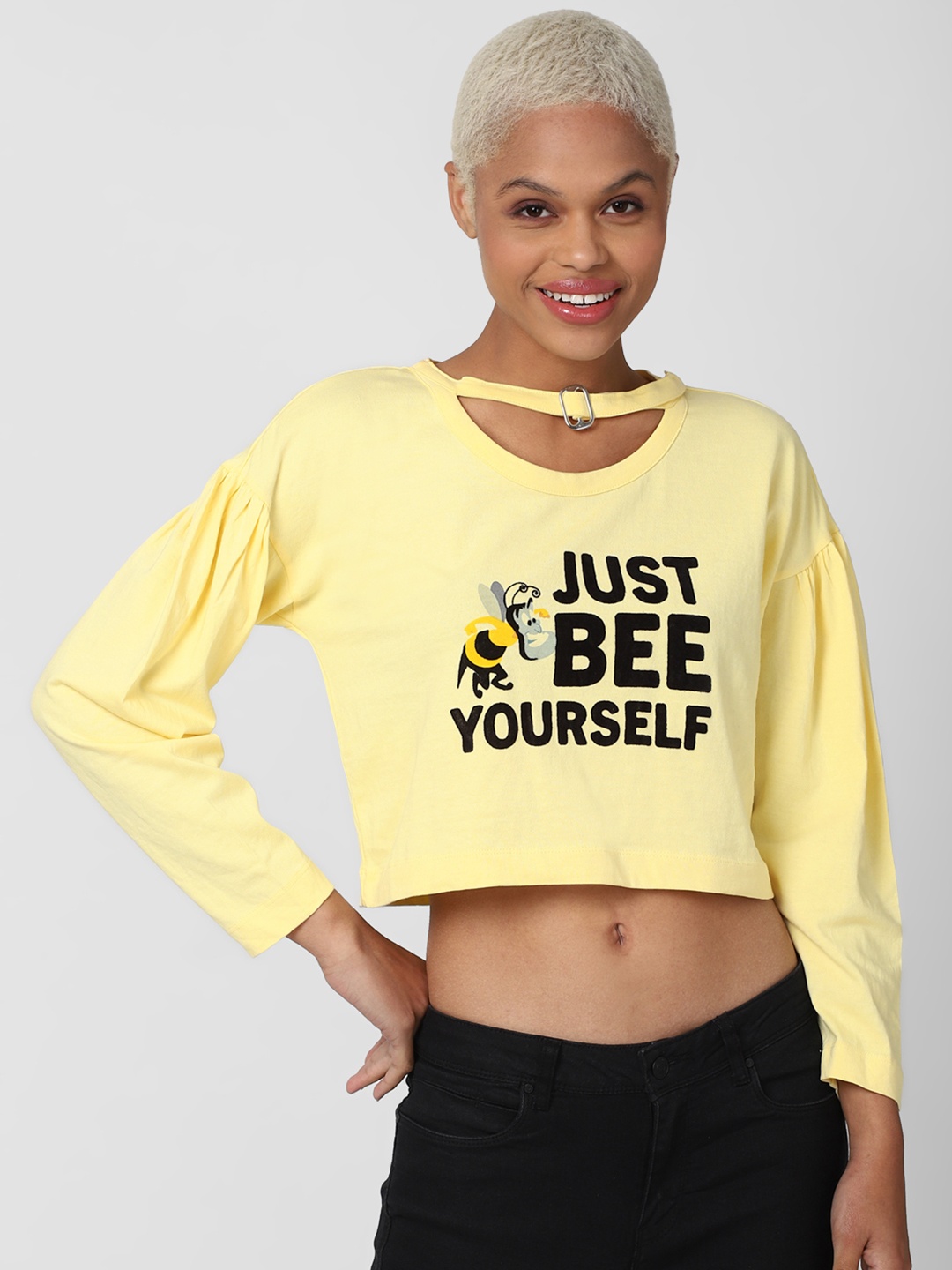 

FOREVER 21 Women Pure Cotton Printed Cropped Sweatshirt, Yellow
