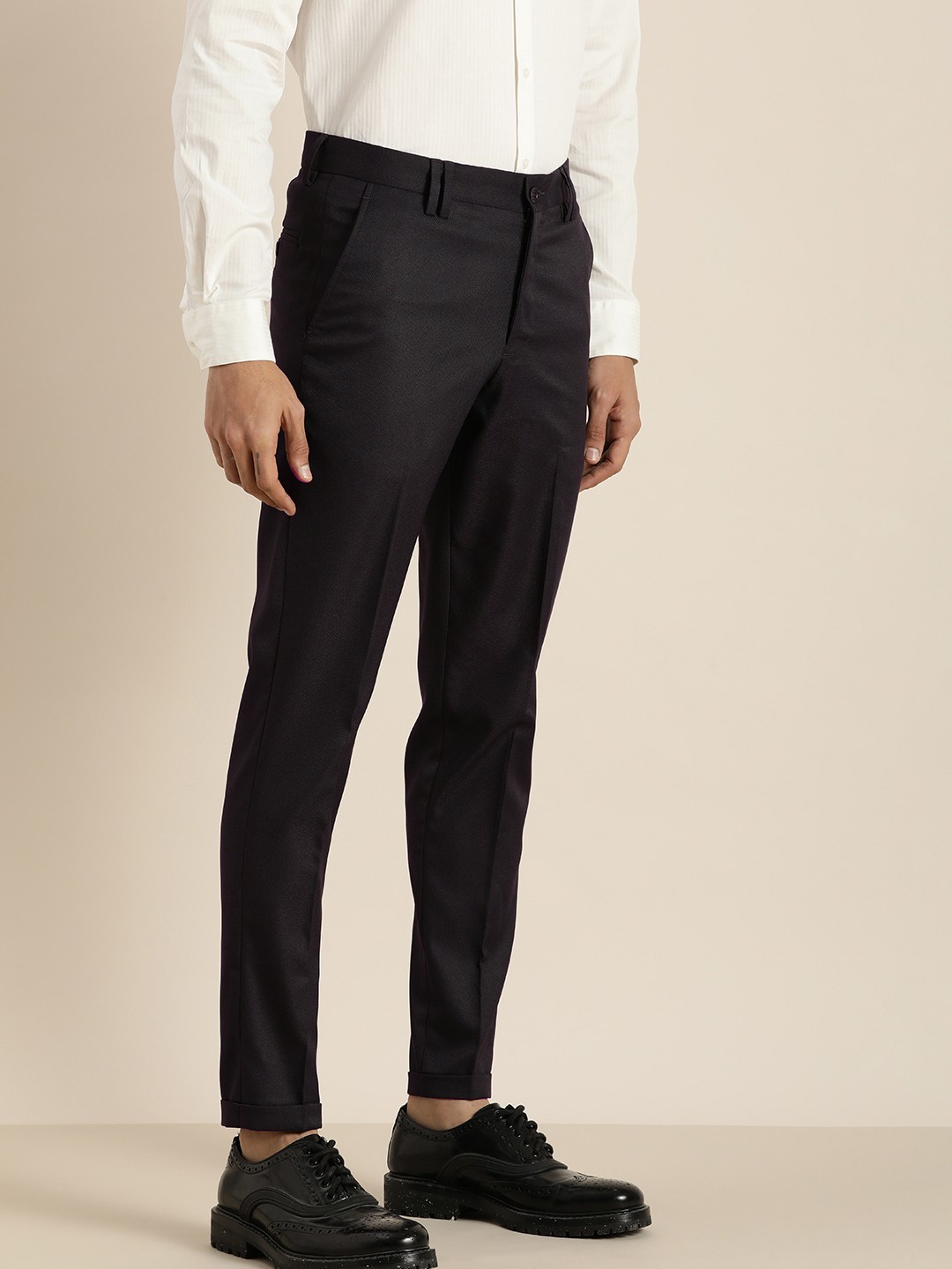 

INVICTUS Men Navy Blue Textured Slim Fit Trousers