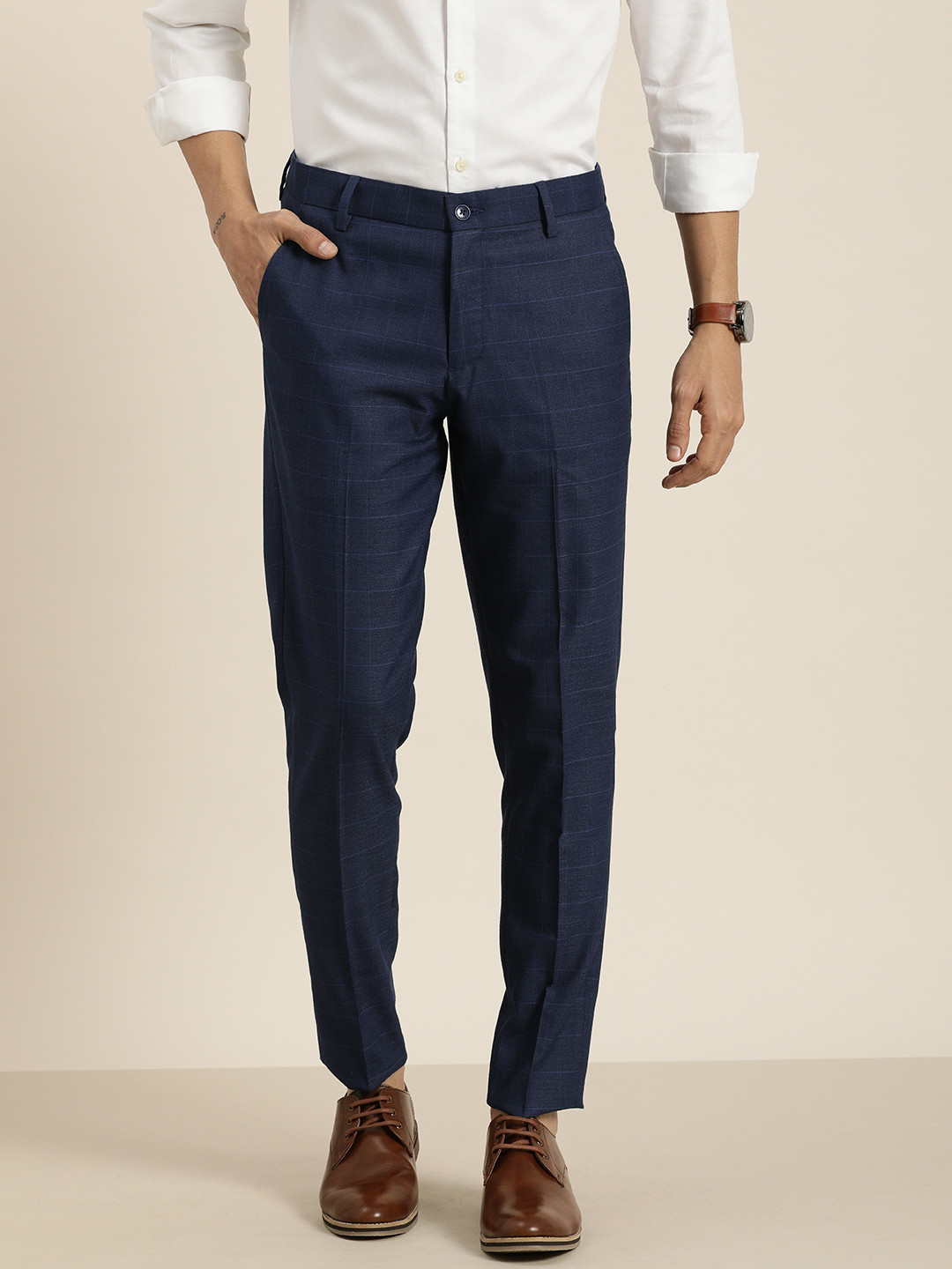 

INVICTUS Men Navy Blue Checked Slim Fit Trousers
