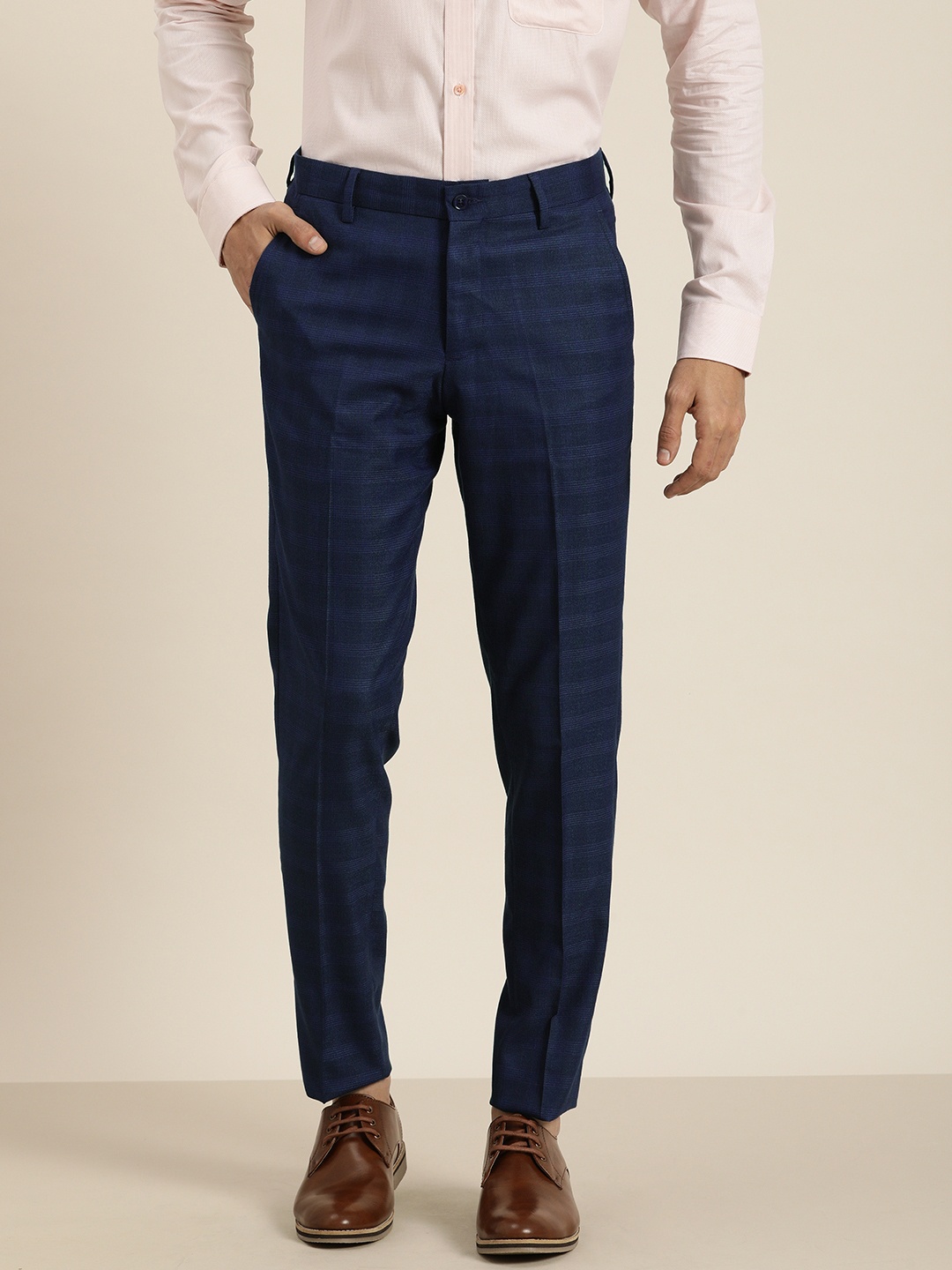 

INVICTUS Men Navy Blue Checked Slim Fit Trousers