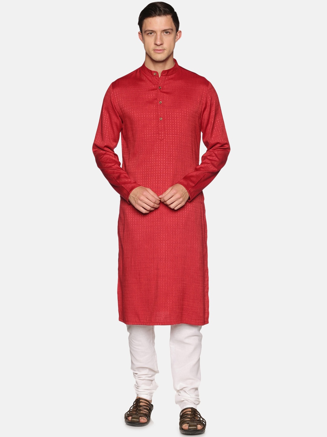 

Saffron Threads Men Red Dobby Kurta