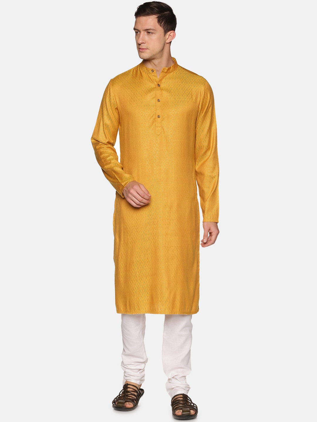 

Saffron Threads Men Mustard Yellow Dobby Kurta