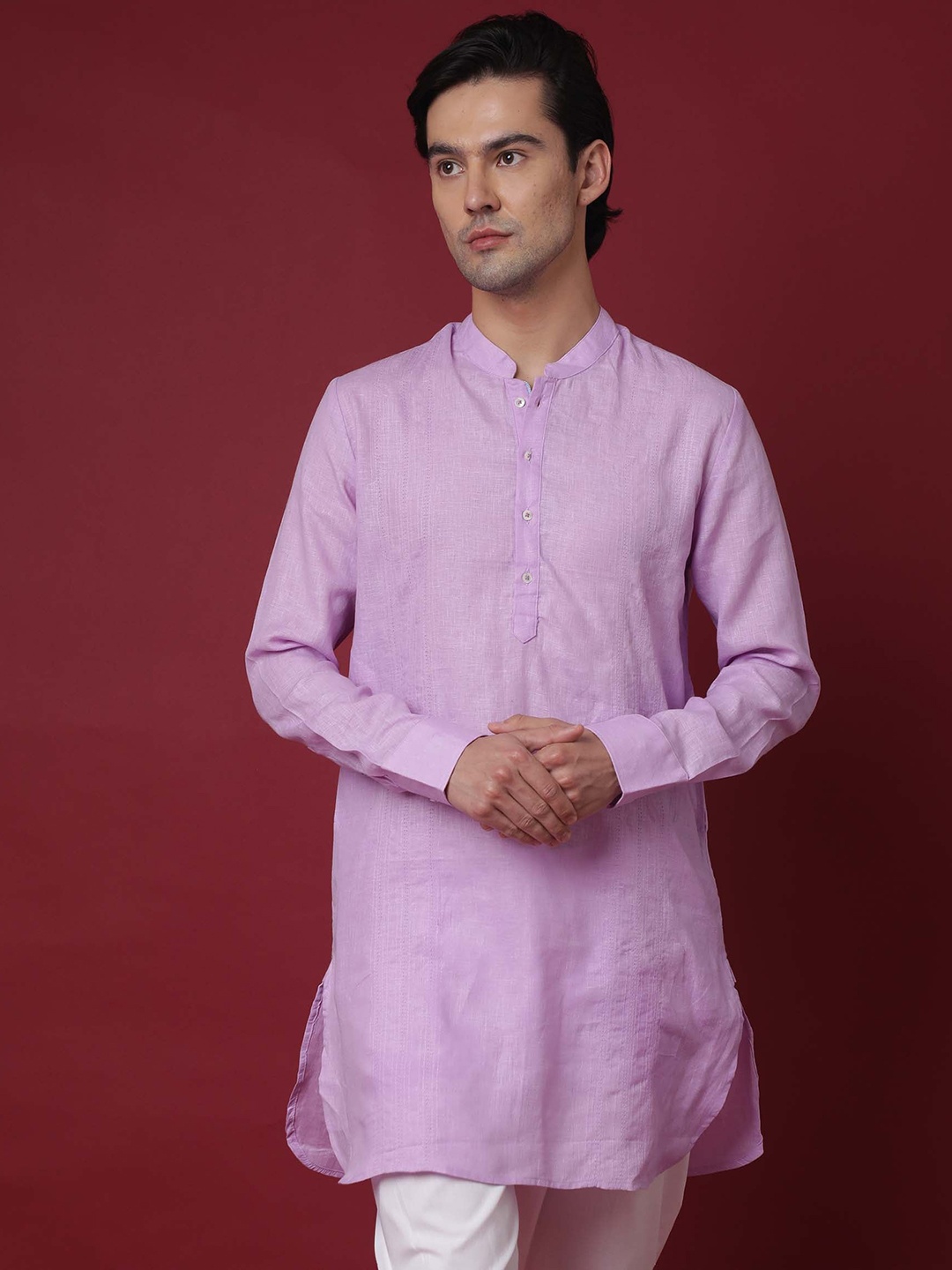 

RARE RABBIT Men President Regular Fit Mandarin Linen Kurta, Purple