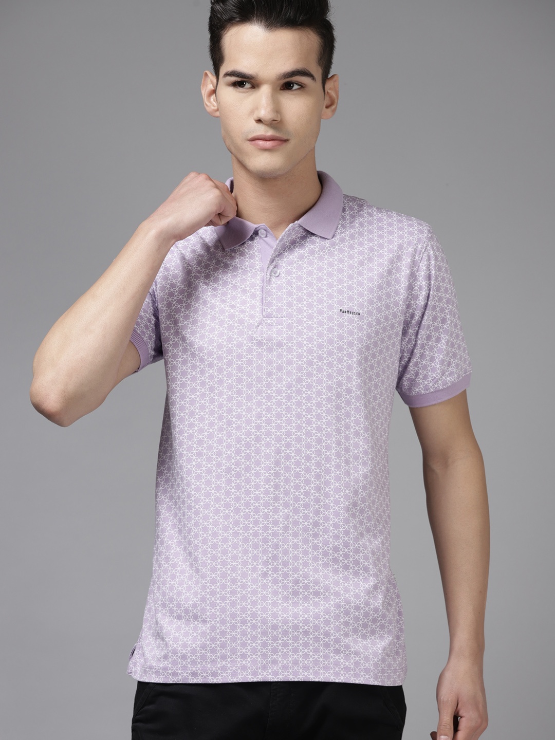 

Van Heusen Men Lavender & White Pure Cotton Printed Polo Collar T-shirt