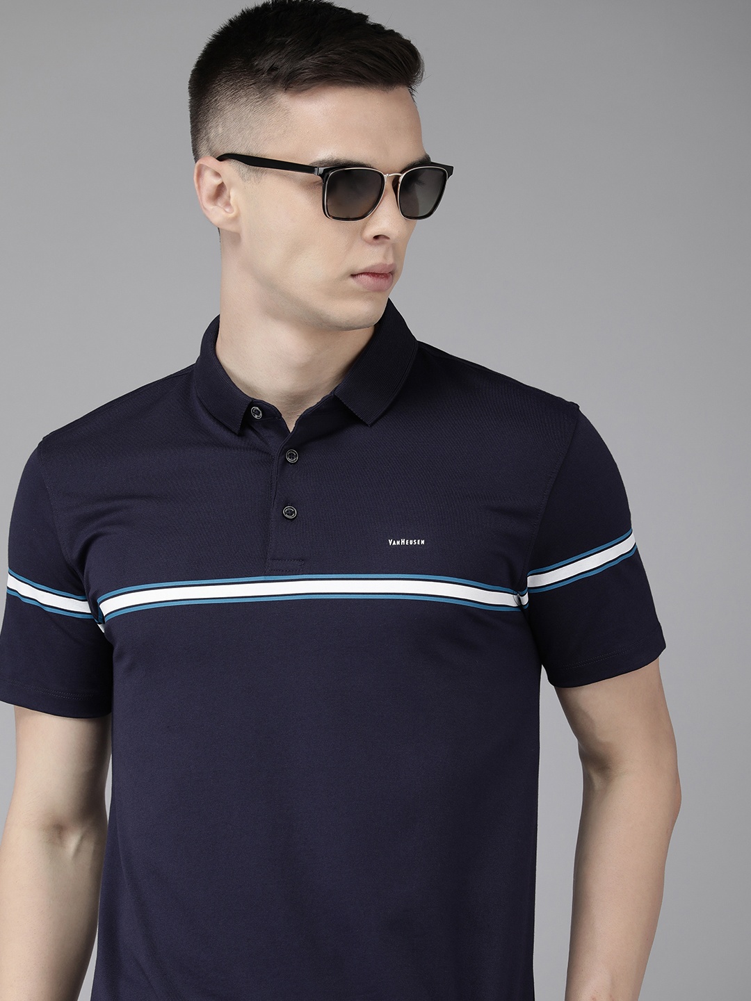 

Van Heusen Men Striped Polo Collar T-shirt, Navy blue