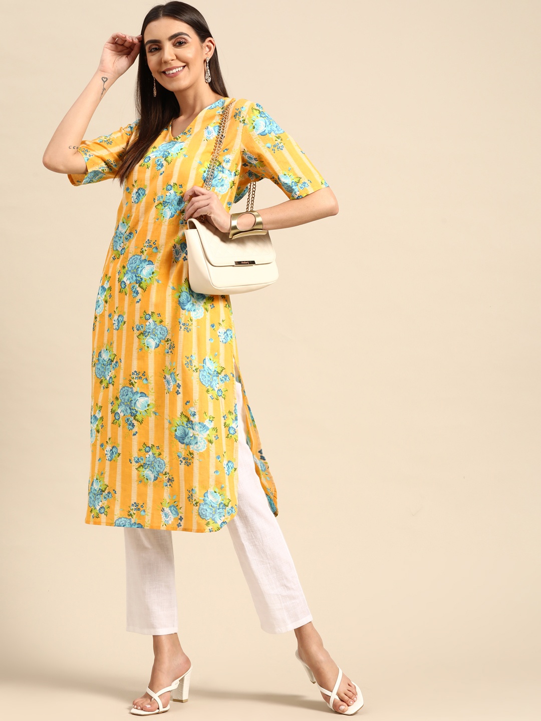 

Anouk Women Yellow & Blue Floral Pure Cotton Printed Kurta
