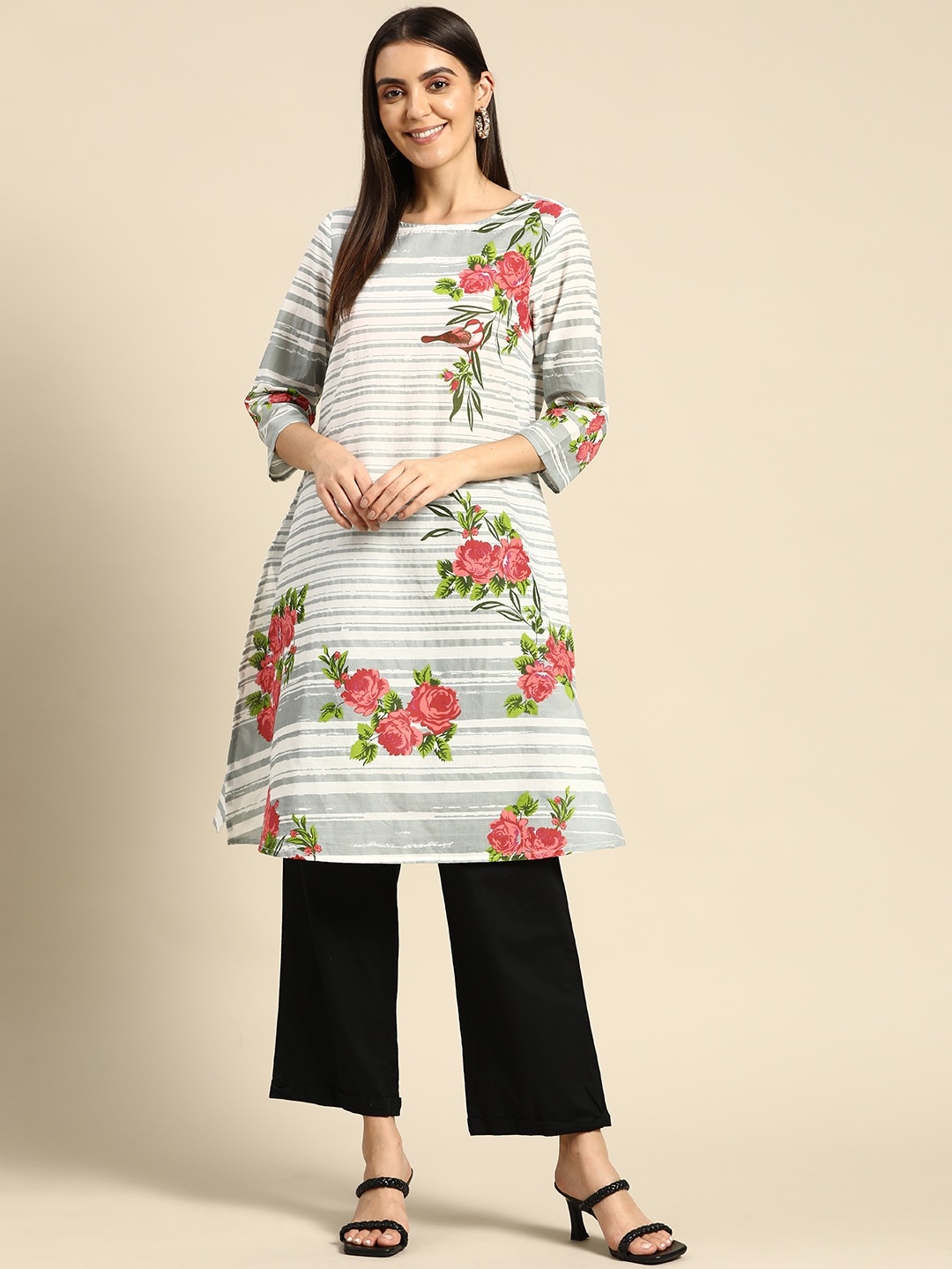 

Anouk X Off The Grid Women Grey & White Pure Cotton Floral Printed Kurta