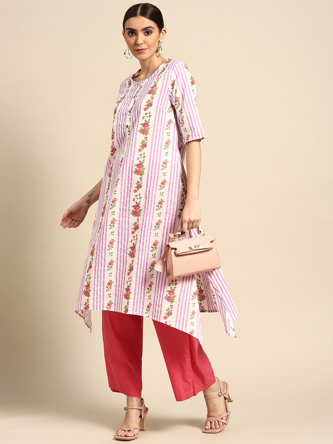 

Anouk Off The Grid Women White & Lavender Pure Cotton Floral Striped Kurta