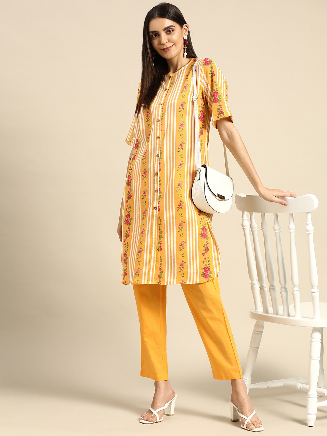 

Anouk Women Yellow & White Printed Pure Cotton Kurta with Trousers