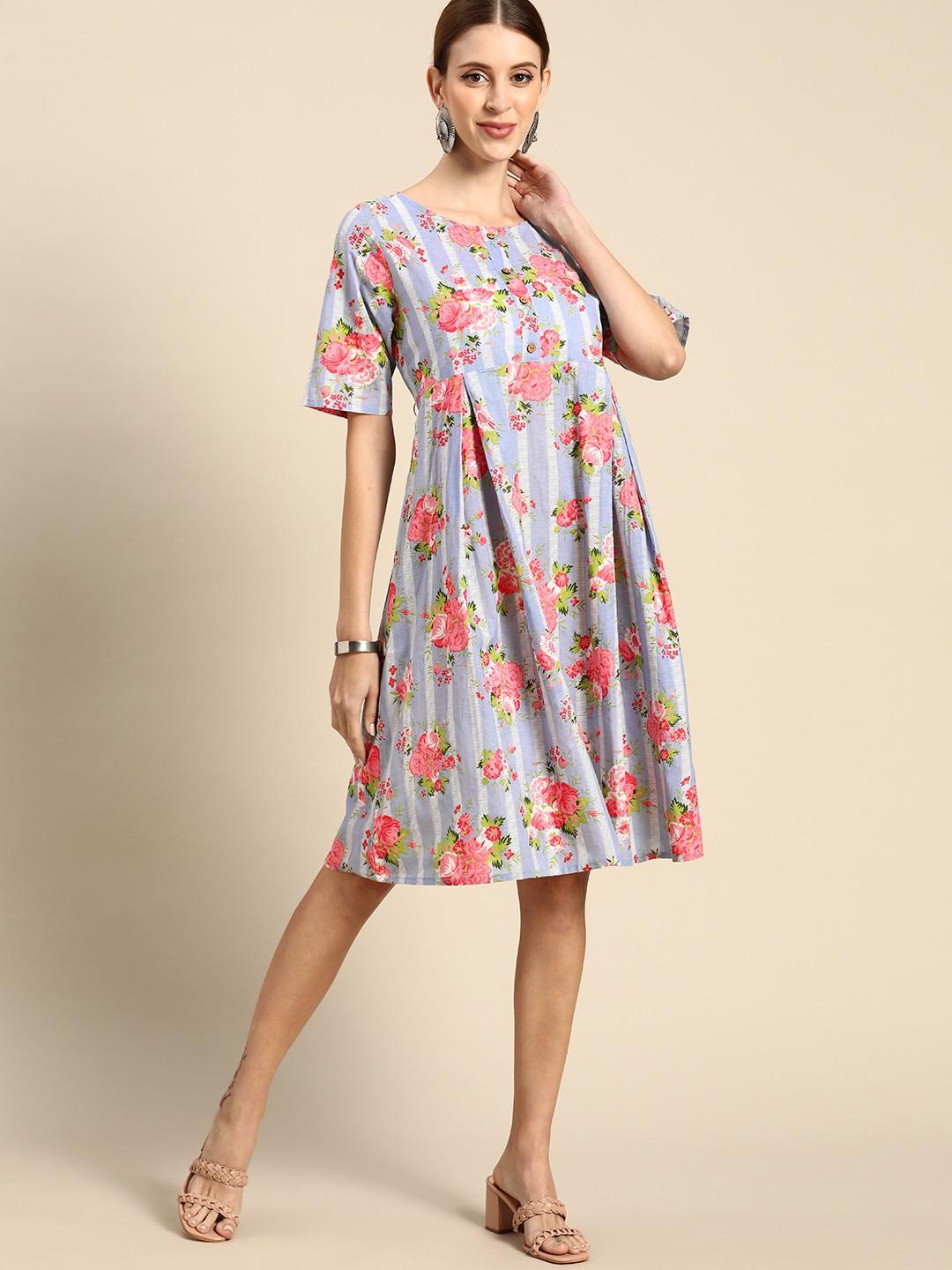 

Anouk Blue & Pink Floral A-Line Dress