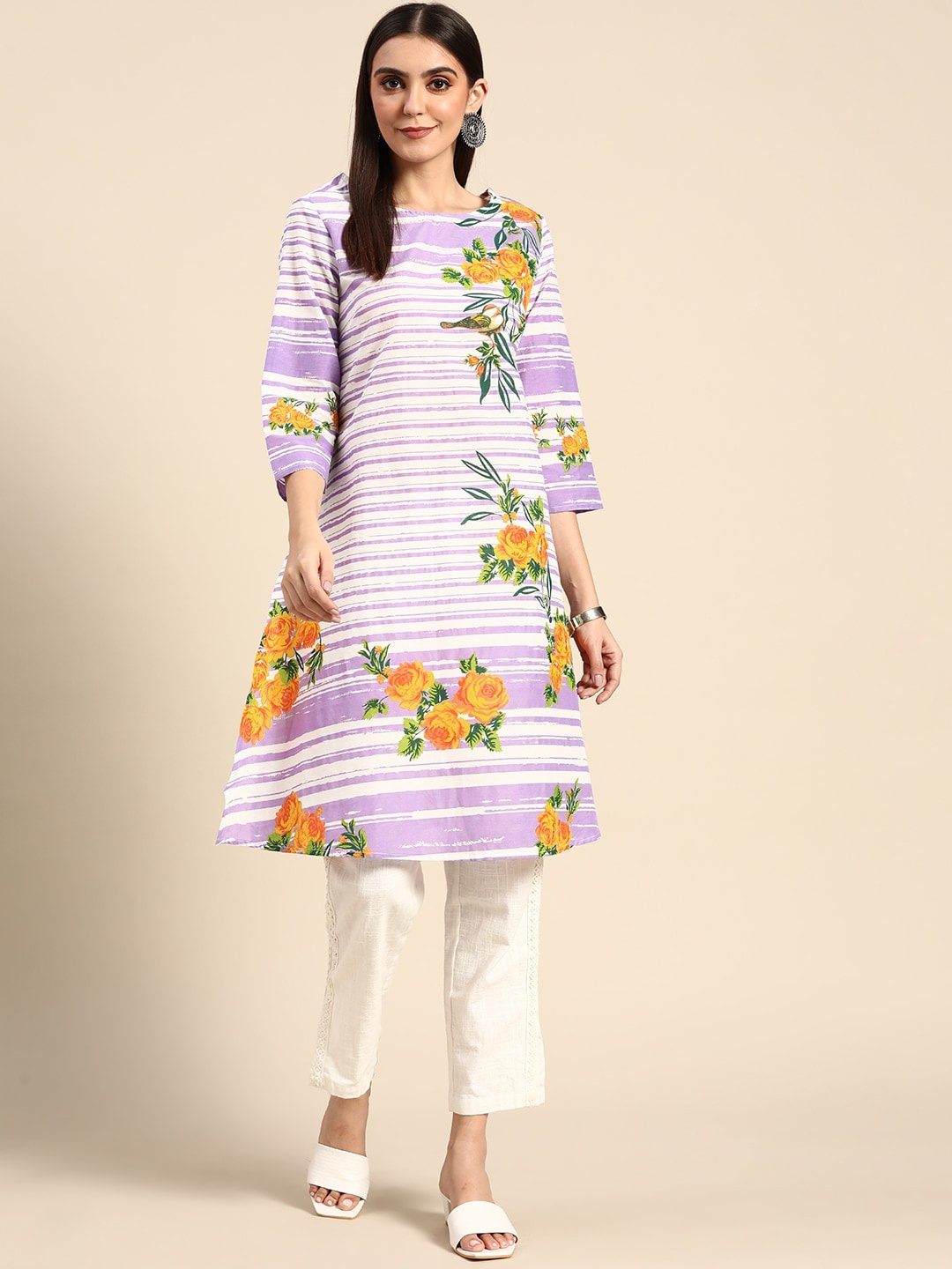 

Anouk Women White & Lavender Pure Cotton Floral Printed Kurta