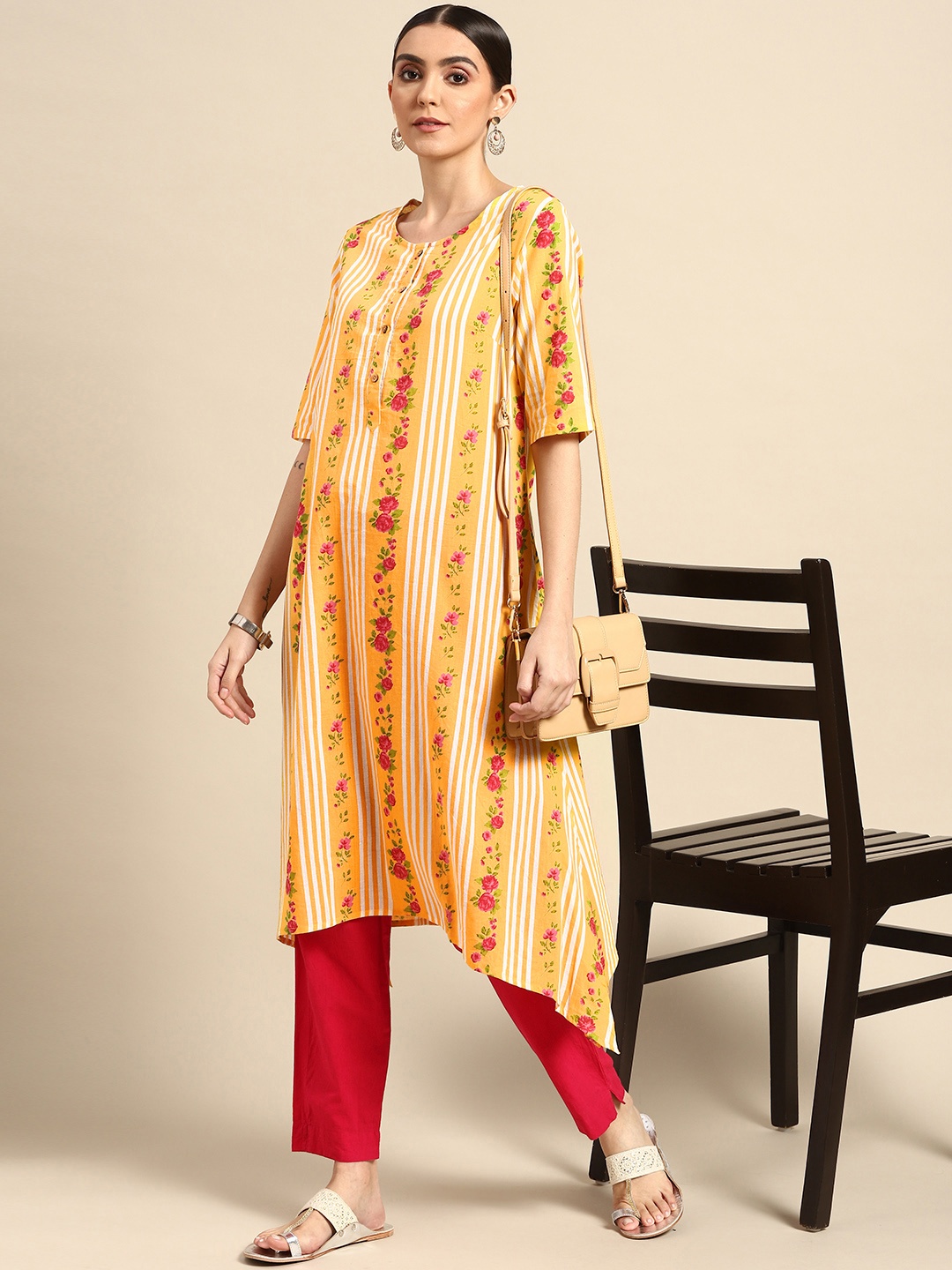 

Anouk Off The Grid Women Mustard Yellow & White Pure Cotton Floral Striped Kurta