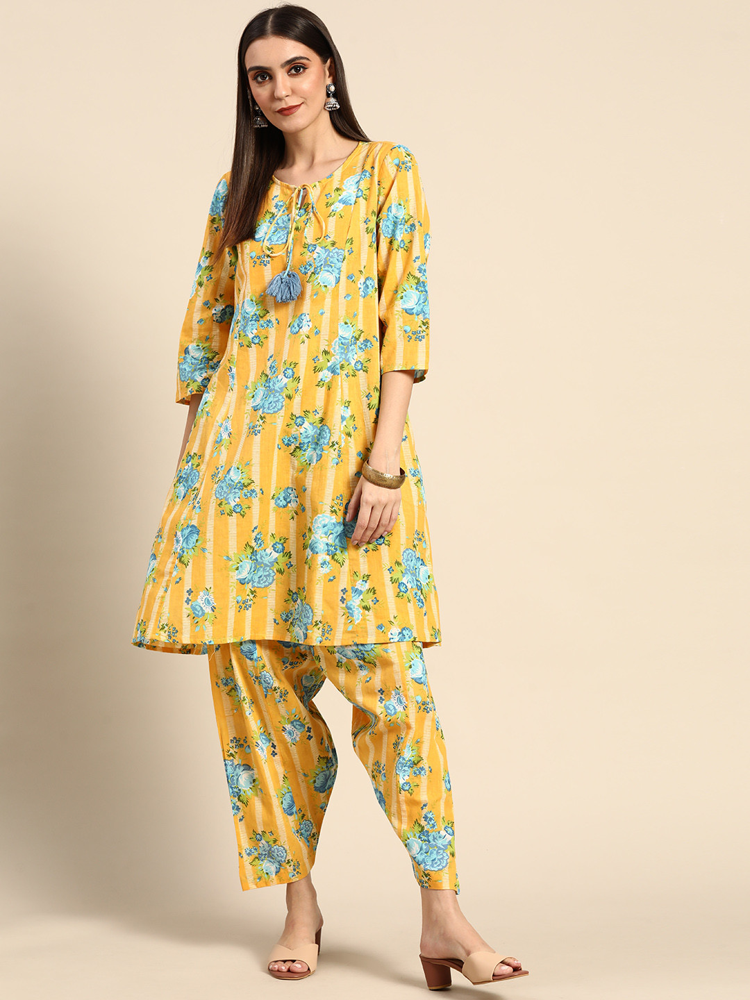 

Anouk Women Yellow & Blue Floral Printed Panelled Pure Cotton Kurta with Salwar
