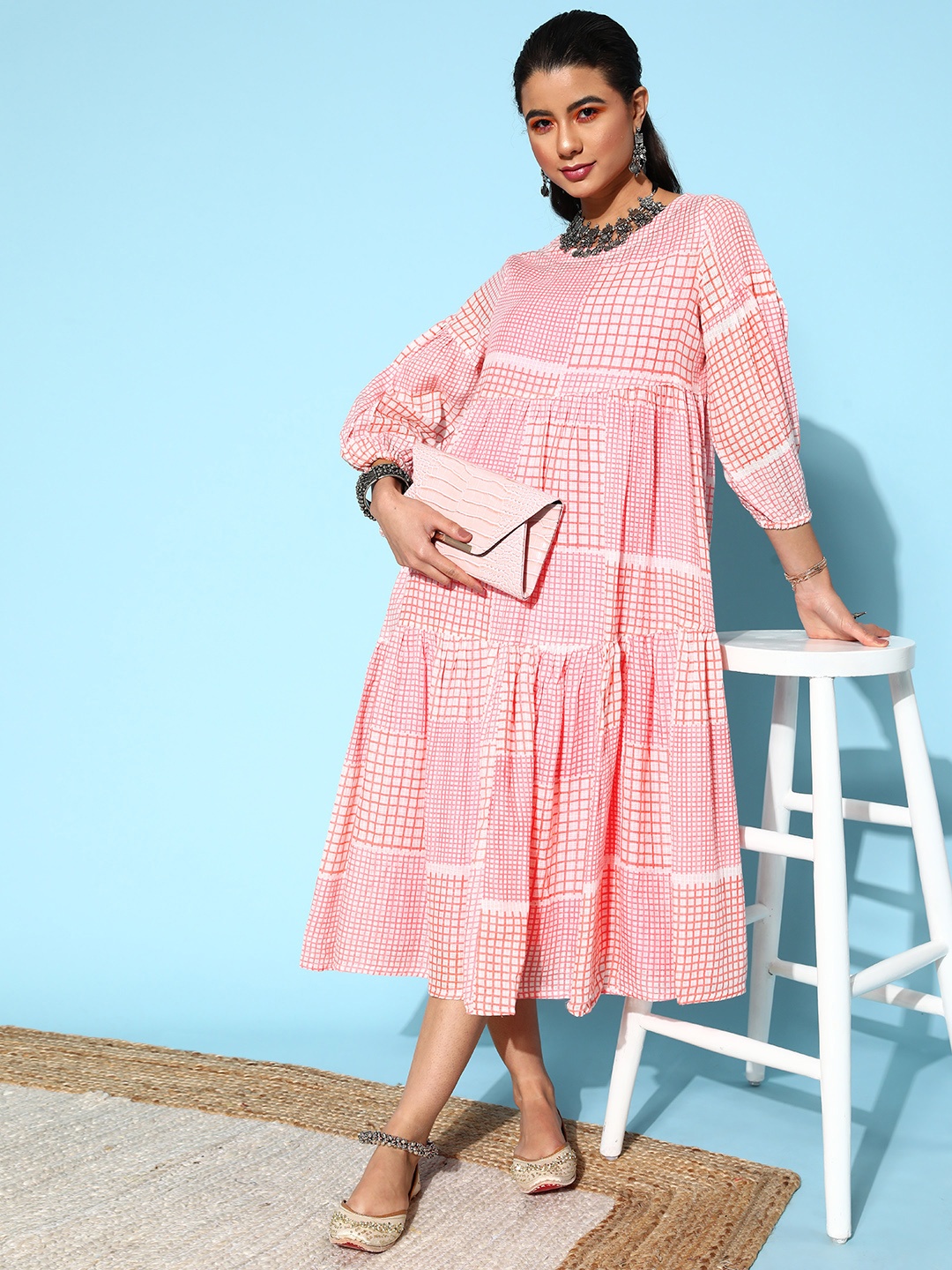 

Anouk Women Pretty Pink Checked Swirling Volume Dress