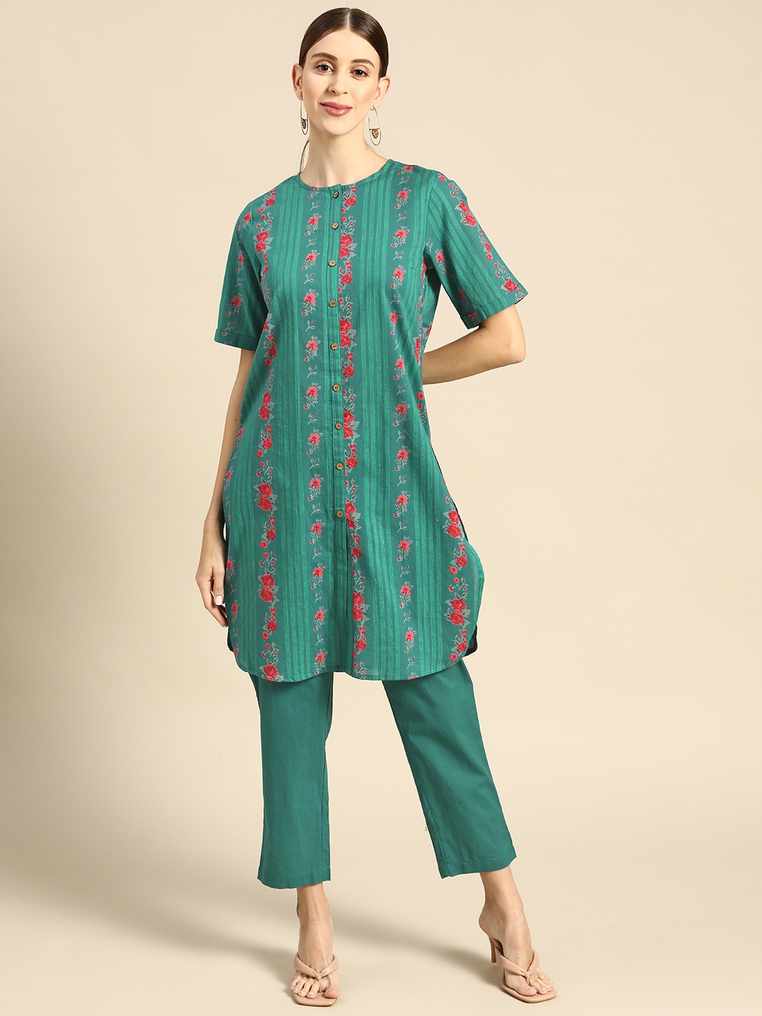 

Anouk Women Green & Pink Printed Pure Cotton Kurta with Trousers