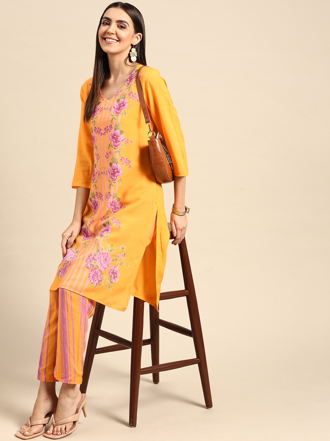 

Anouk Women Mustard Yellow & Pink Floral Printed Kurta with Trousers