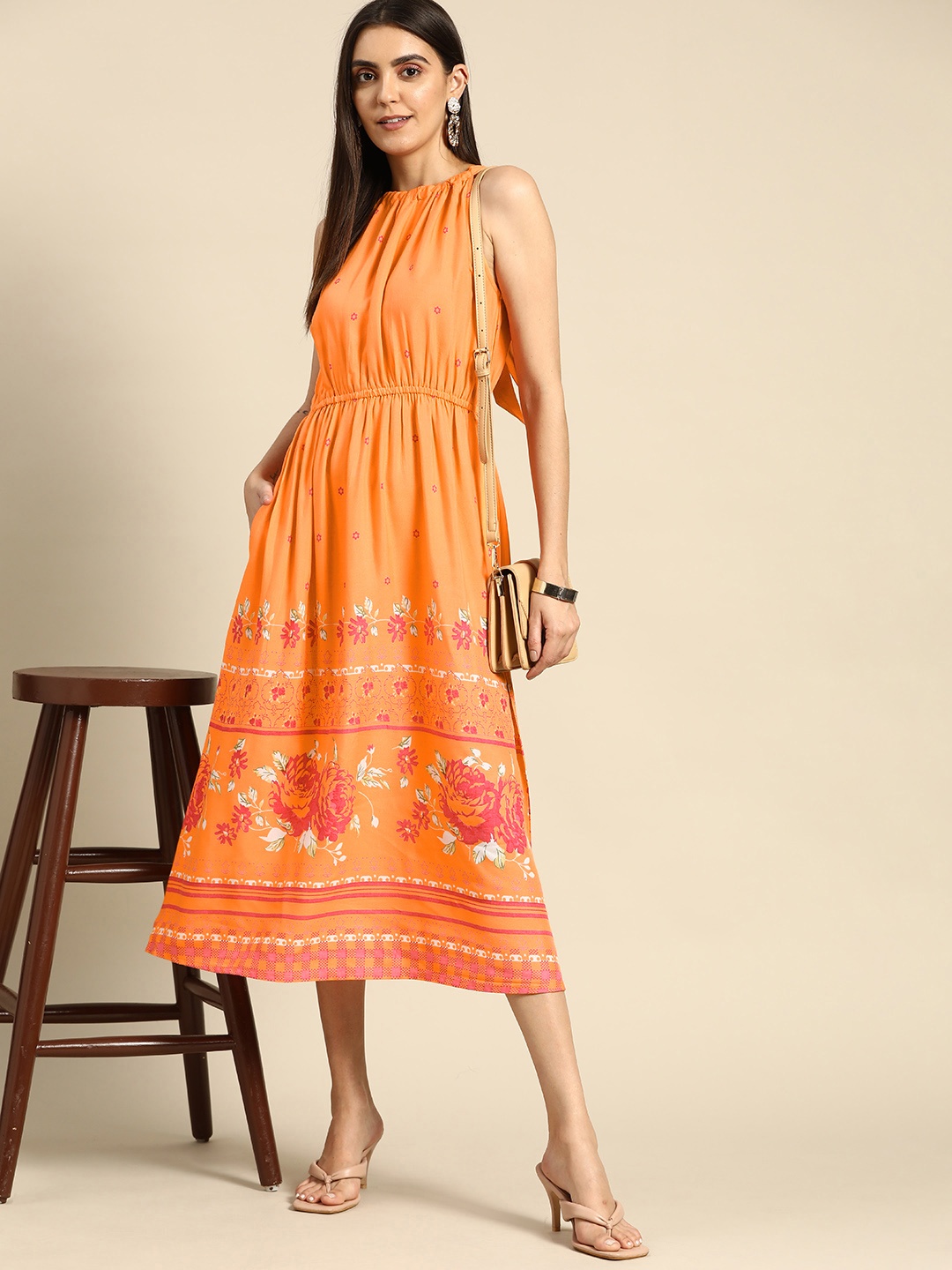 

Anouk Women Orange & Pink Ethnic Print Tie-Up Neck A-Line Midi Dress