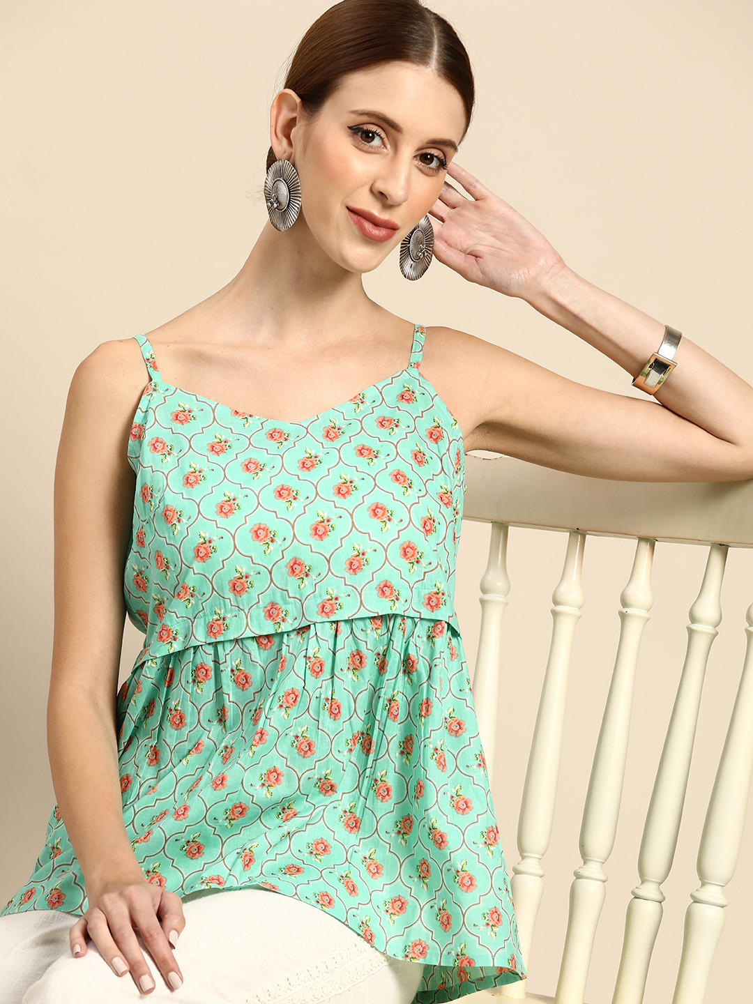 

Anouk Green & Peach-Coloured Pure Cotton Printed Ethnic Top