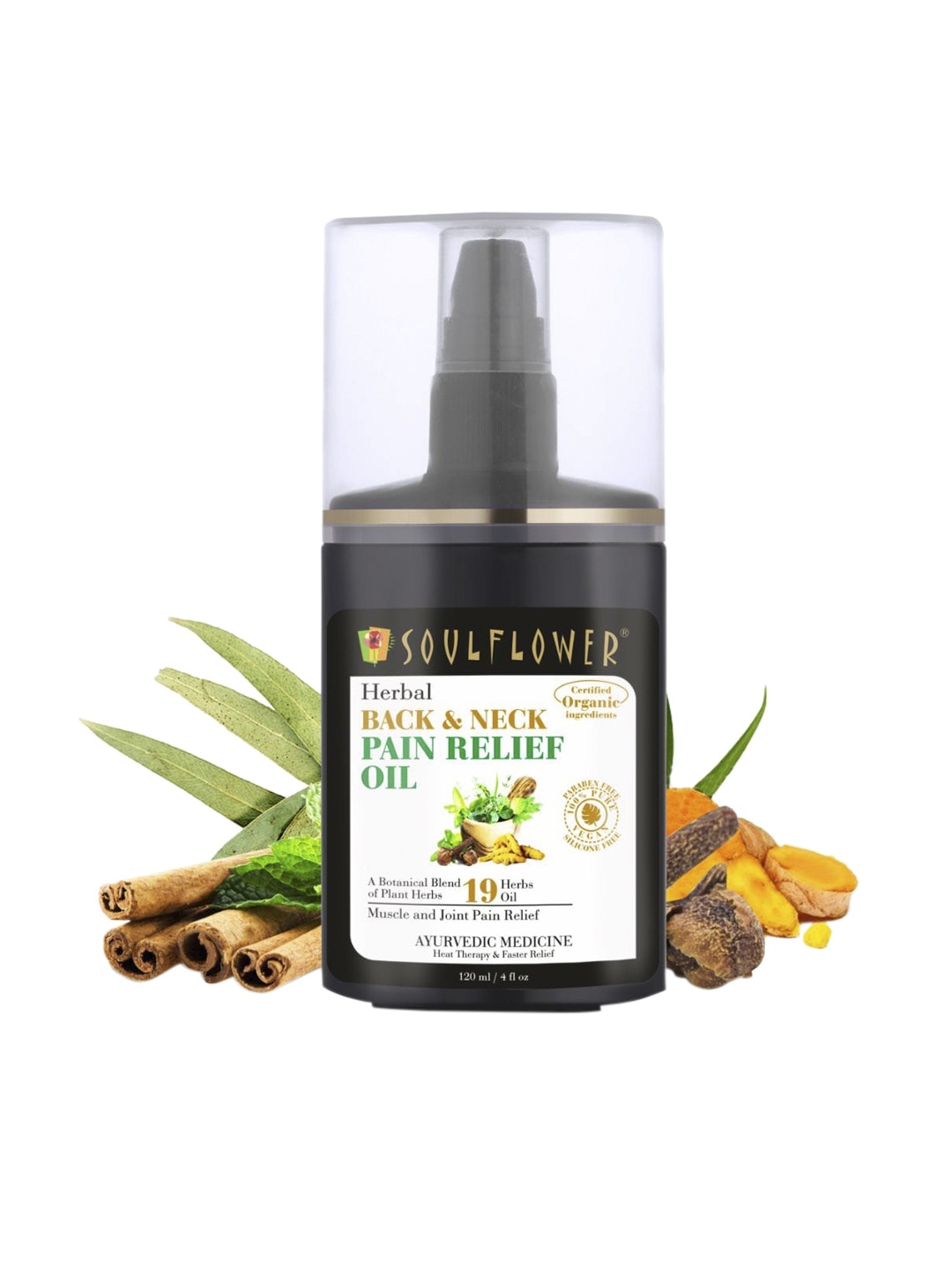 

Soulflower Ayurvedic Pain Relief Massage oil for Back & Neck Muscle Relaxation - 120ml, Transparent