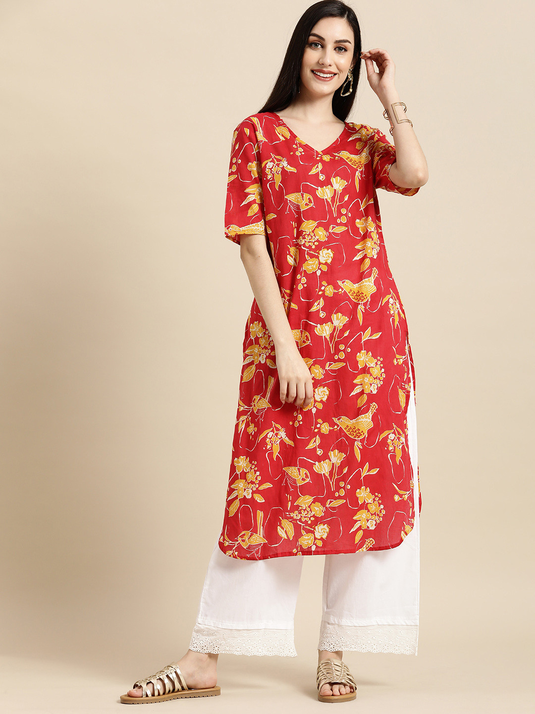

Anouk Women Red & Yellow Printed Pure Cottton V Neck Kurta With back Tie-up