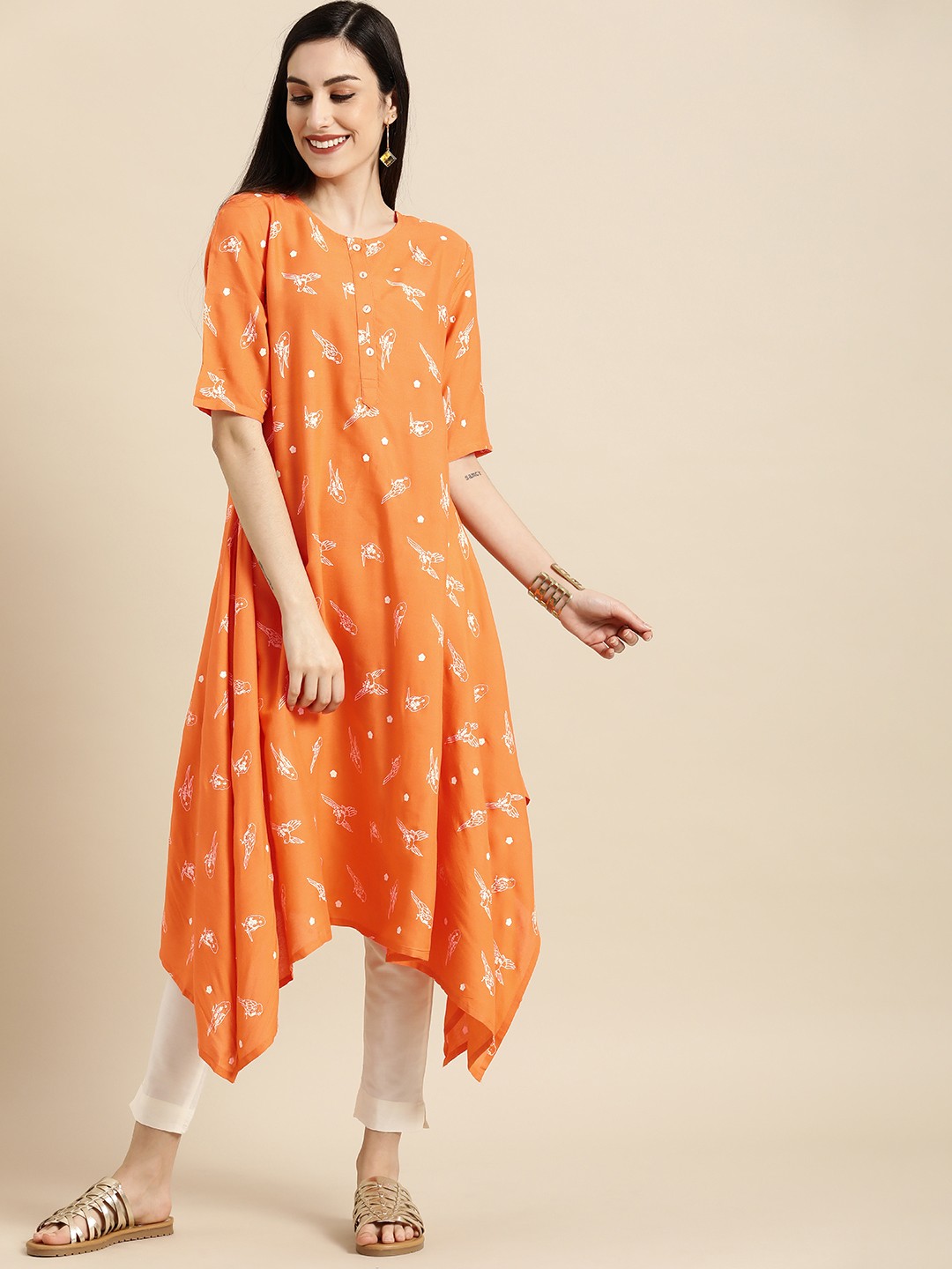 

Anouk Women Orange & White Printed Asymmetric Hem Kurta